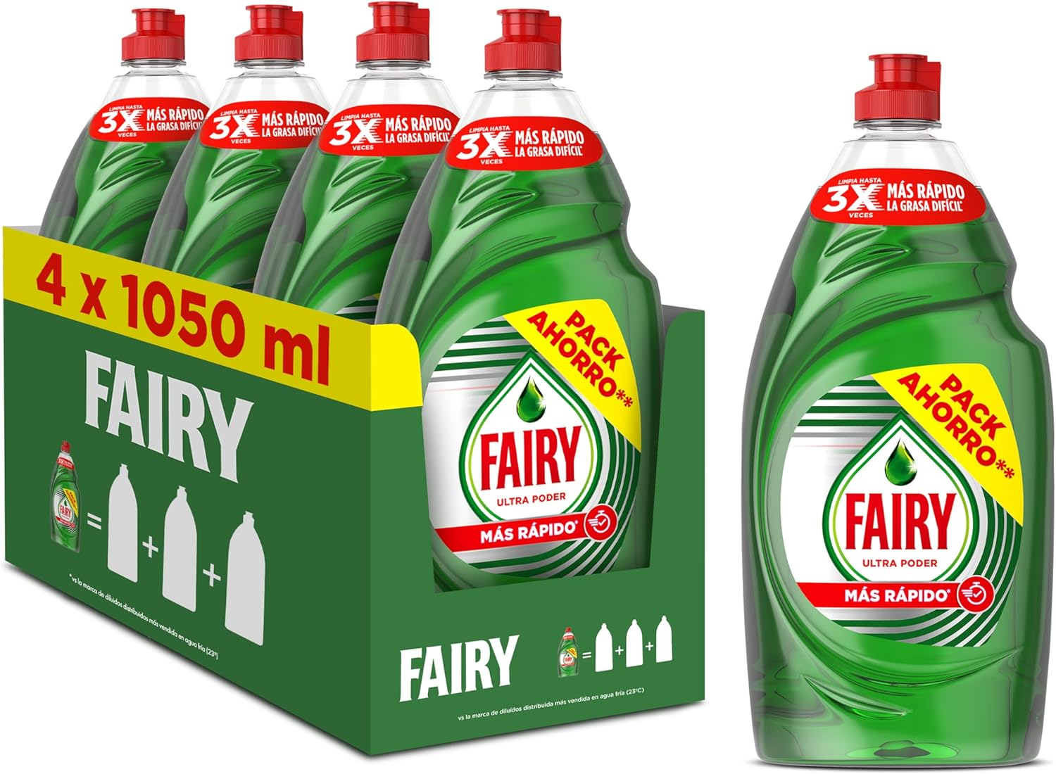 FAIRY ▫️ Ultra Power Original Dishwashing Liquid 4 x 1050ML Fórmula eficaz para a lavagem da loiça deixa a loiça a brilhar, com um impressionante poder anti-gorduras