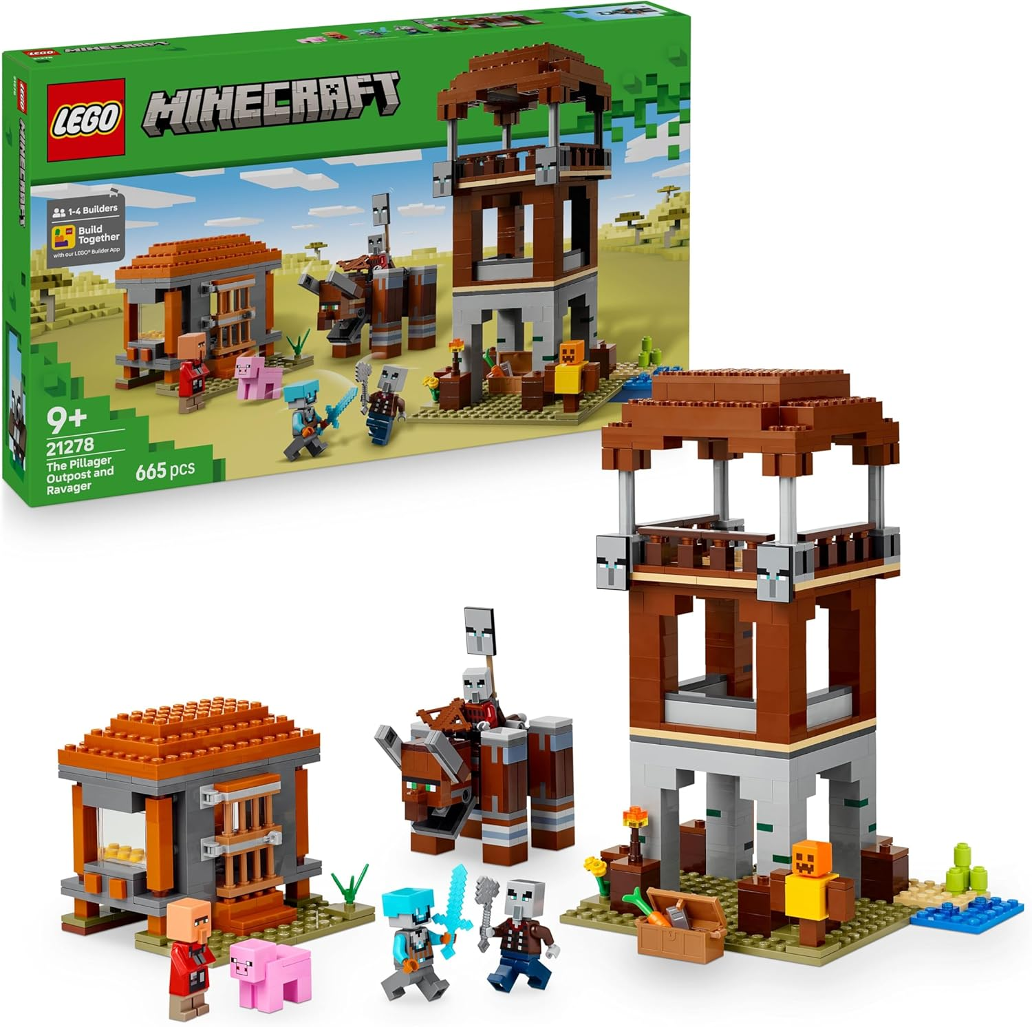 LEGO ▫️ Minecraft O Posto Avançado dos Saqueadores e o Devastador - Fortaleza de Brinquedo - Figura Articulada do Devastador com Mandíbula Móvel - Prenda de Jogador para Rapazes e Raparigas 9+ Anos 21278