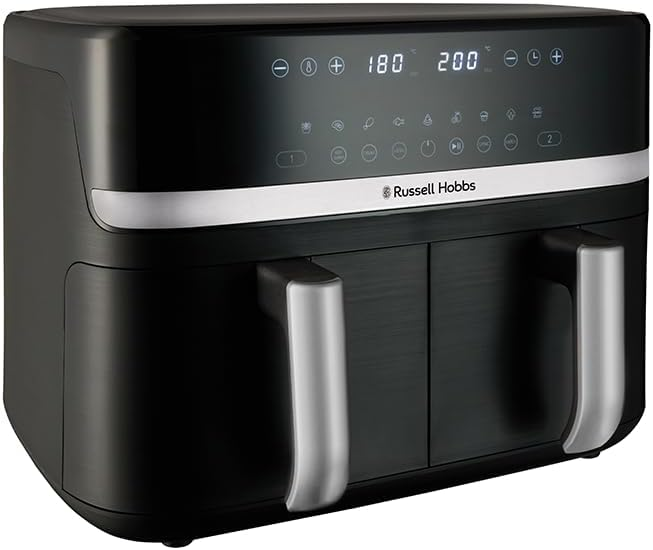 Russell Hobbs ▫️ Fritadeira de ar fritadeira sem óleo, cesto duplo 9 l, Air Fryer, ruído reduzido, 9 programas, Rapid Air, máx. 200 °C, toque, cestos laváveis na máquina de lavar louça, 2800 W, Satisfry 27681-56