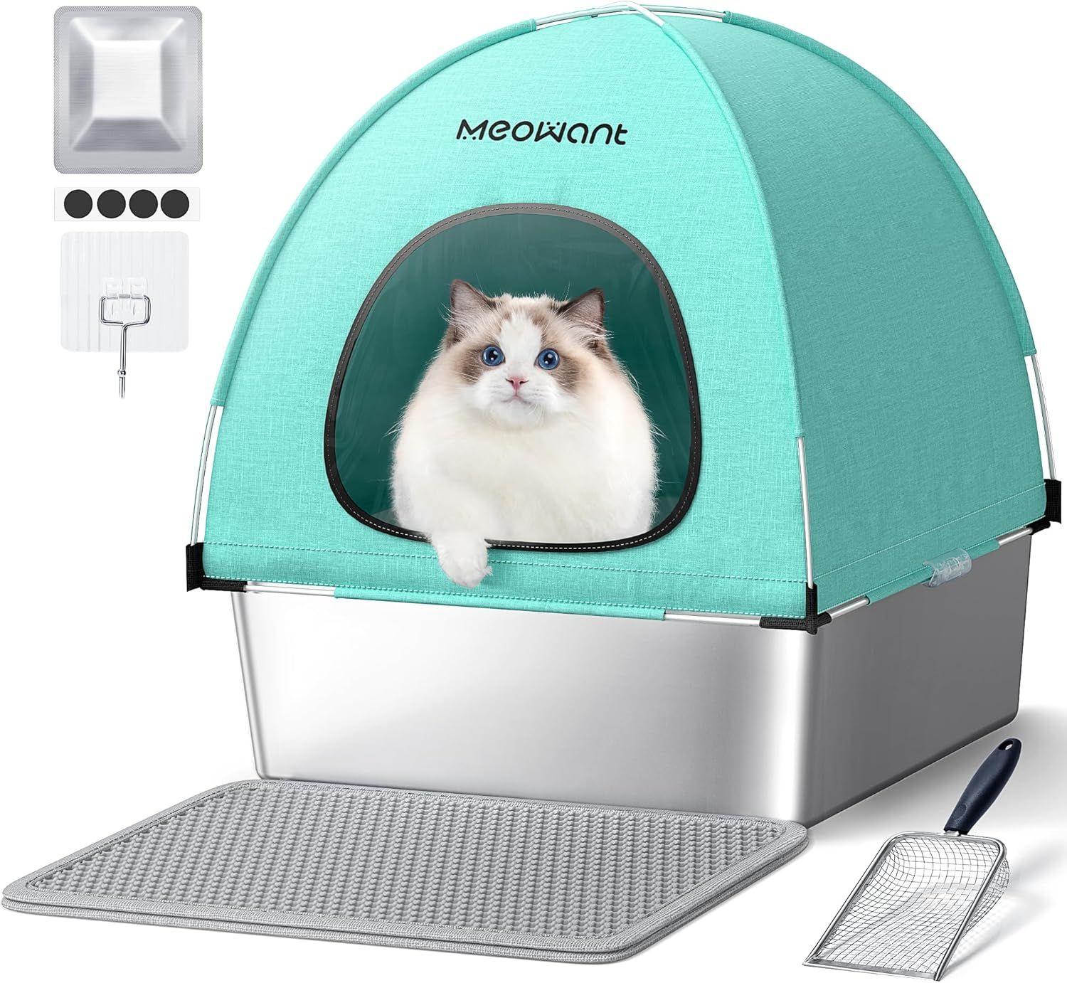 Meowant ▫️ Tabuleiro para gatos em aço inoxidável, XXL com colher, tipo fechado em U, sanita, areia para gatos amovível com cobertura de tecido Oxford