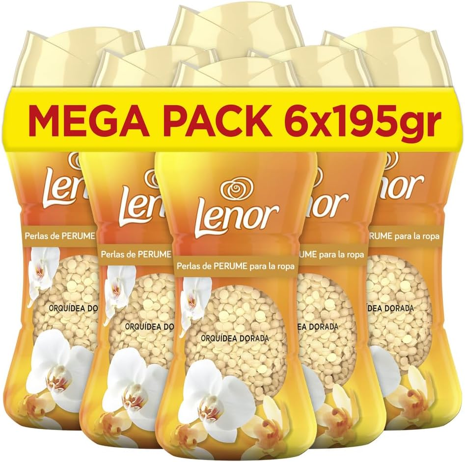 LENOR ▫️ UNstoppables Pérolas de perfume para roupa, 96 lavagens (6 x 195g), amaciador de fragrâncias Golden Orchid, intensificador de frescura