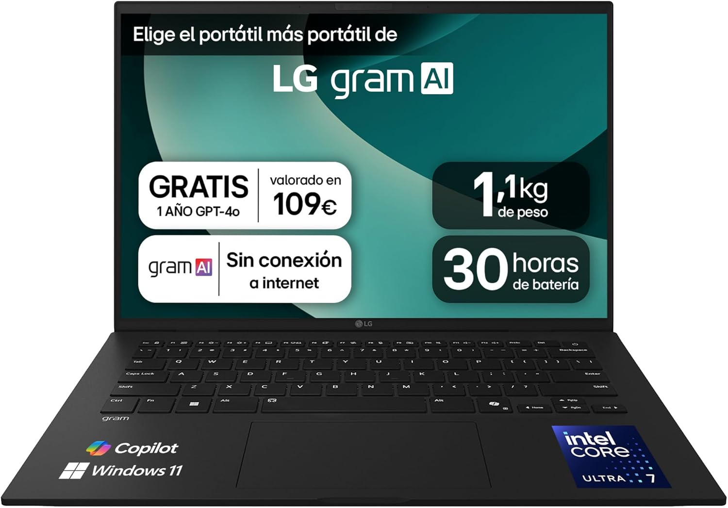 LG ▫️ gram 14Z90T-G.AD88B Portátil de 14 polegadas, FHD IPS, Intel Core Ultra7, 32 GB de RAM, 1 TB SSD, Antirreflexo, 1 120 g, autonomia da bateria até 30h, Windows 11, Preto