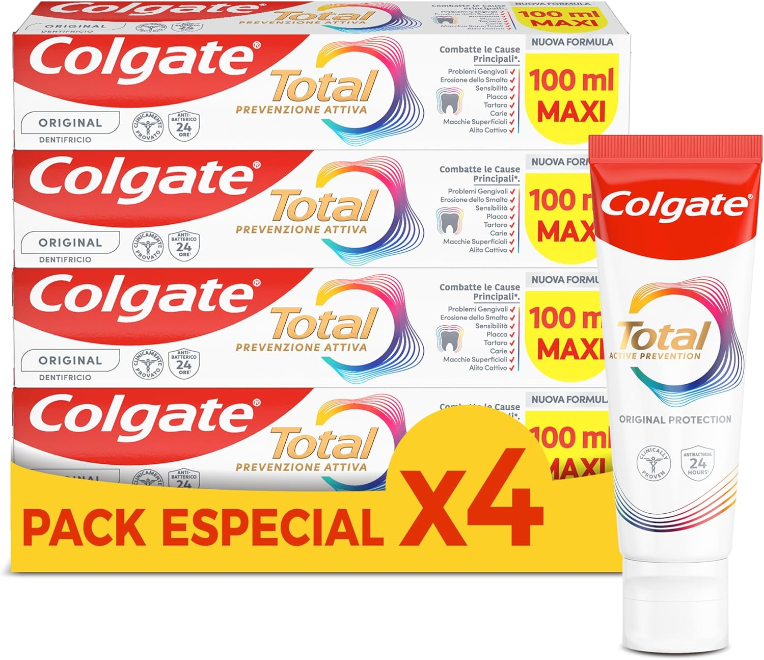Colgate ▫️ Total Active Prevention - Pasta de dentes 4 x 100ml - Ajuda nos problemas das gengivas, placa bacteriana, tártaro, sensibilidade, erosão do esmalte, manchas superficiais, mau hálito e cáries