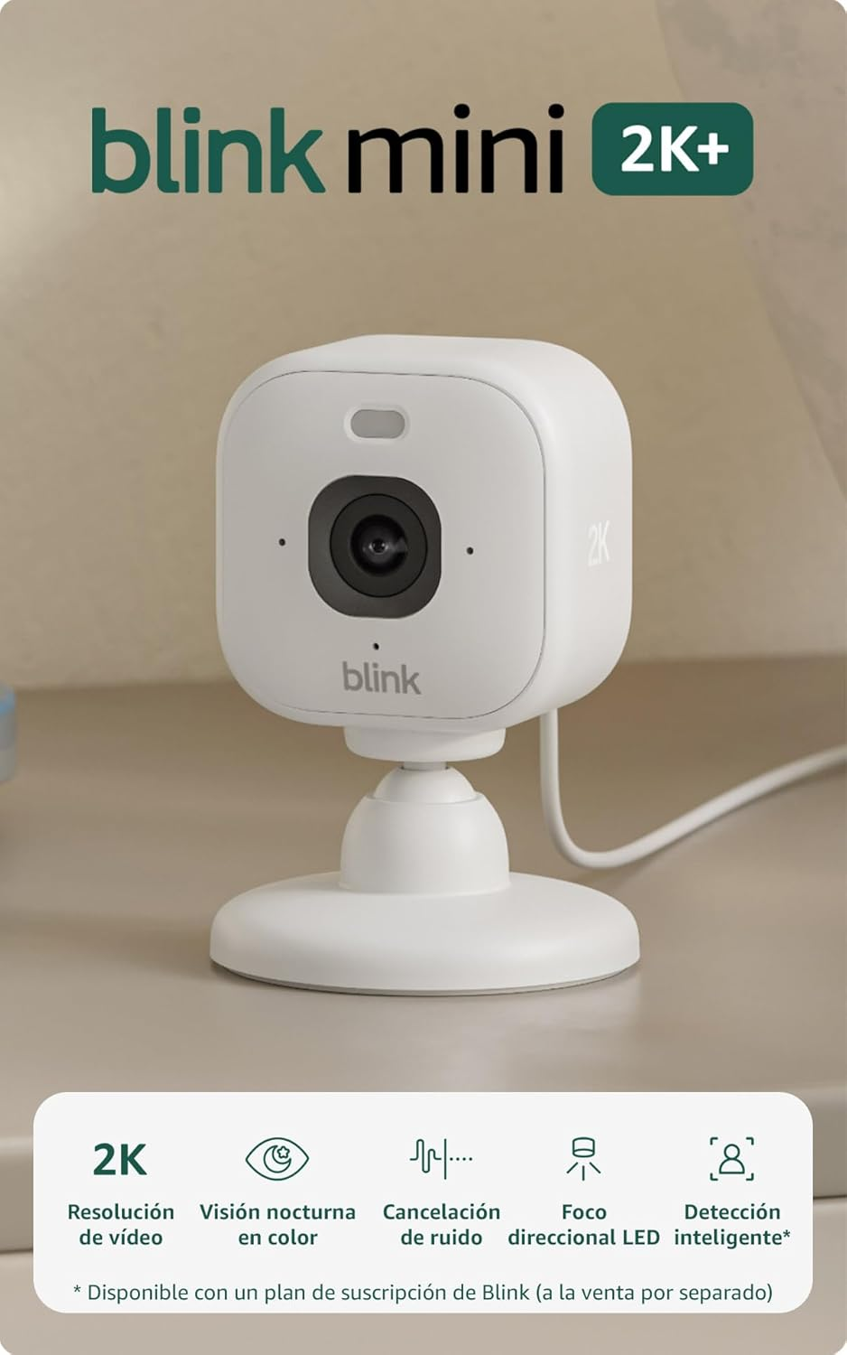 Blink ▫️ Mini 2K+ Camera (última geração) | Câmara de segurança doméstica com plug-in, resolução de vídeo 2K, zoom 4x, visão nocturna a cores | Compatível com Alexa | 2 câmaras - Branco