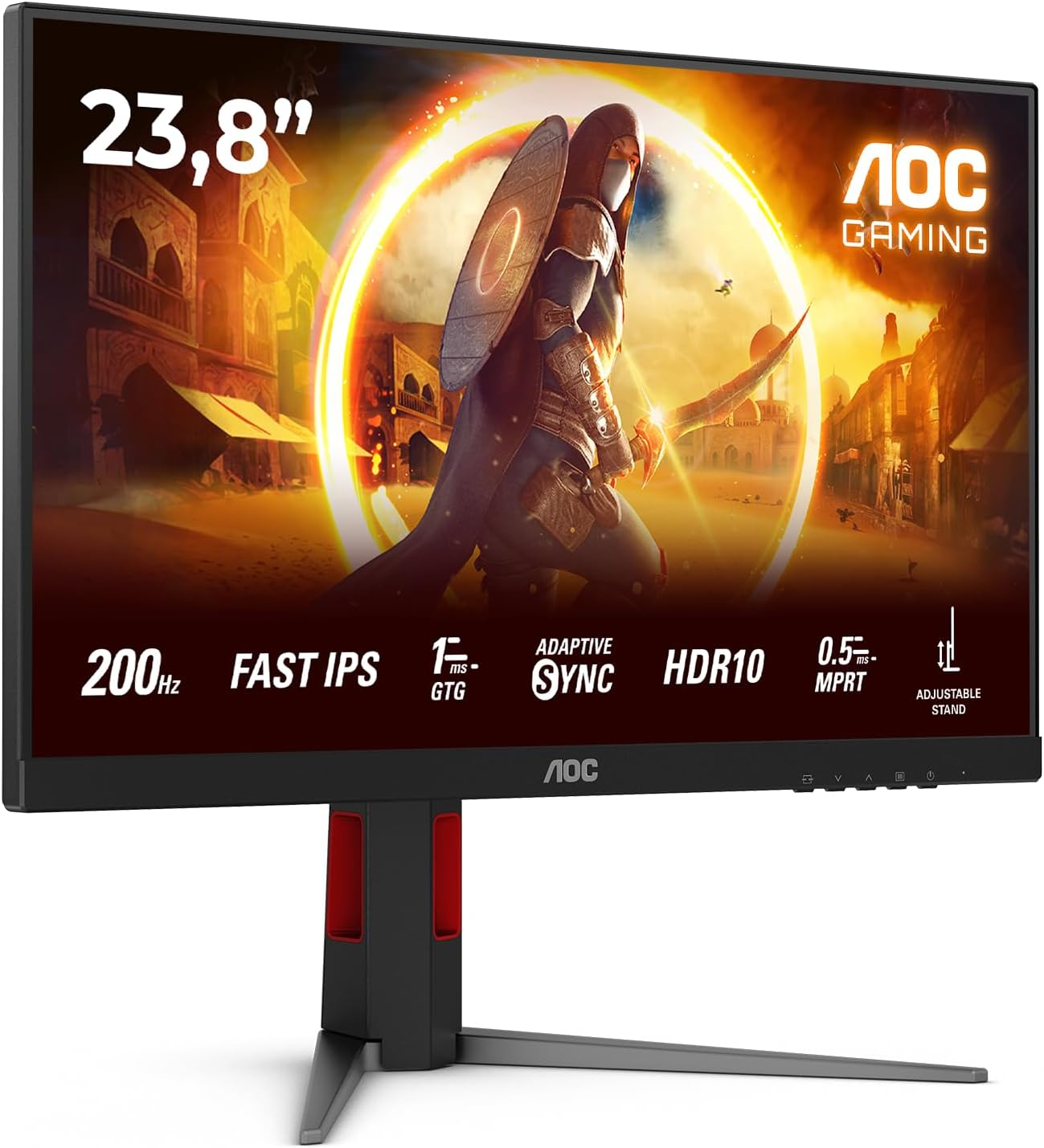 AOC ▫️ Monitor para jogos 24G4HA FHD de 24 polegadas, 200 Hz, IPS rápido, MPRT de 0,5 ms, sincronização adaptativa, HDR10, compatível com G-Sync, ajustável em altura, altifalantes (1920x1080, 2X HDMI 2.0, 1x DP 1.4), vermelho/preto