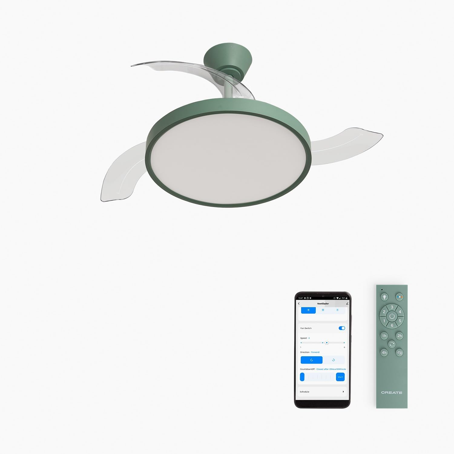 CREATE ▫️ / WIND CLEAR STUDIO S/Ventoinha de teto com luz verde-salva com Wifi e controlo remoto / 40W. Temporizador. Ø 91 cm. 6 velocidades. lâminas retrácteis. 3 temperaturas de luz. Função verão-inverno.