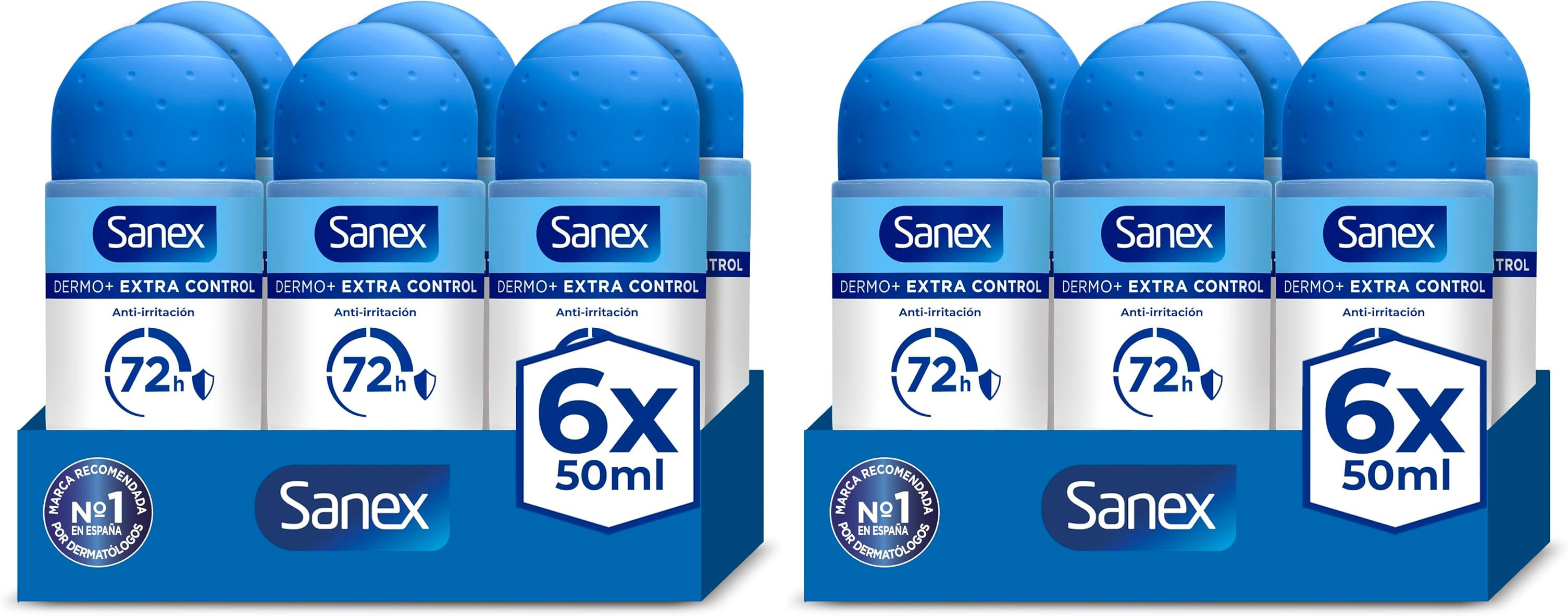 Sanex ▫️ Dermo+ Extra Control Desodorizante Antitranspirante Roll-On 72 Horas 6x50 ml - proteção eficaz contra o suor e o odor - dermatologicamente testado - contém 0% de álcool*.