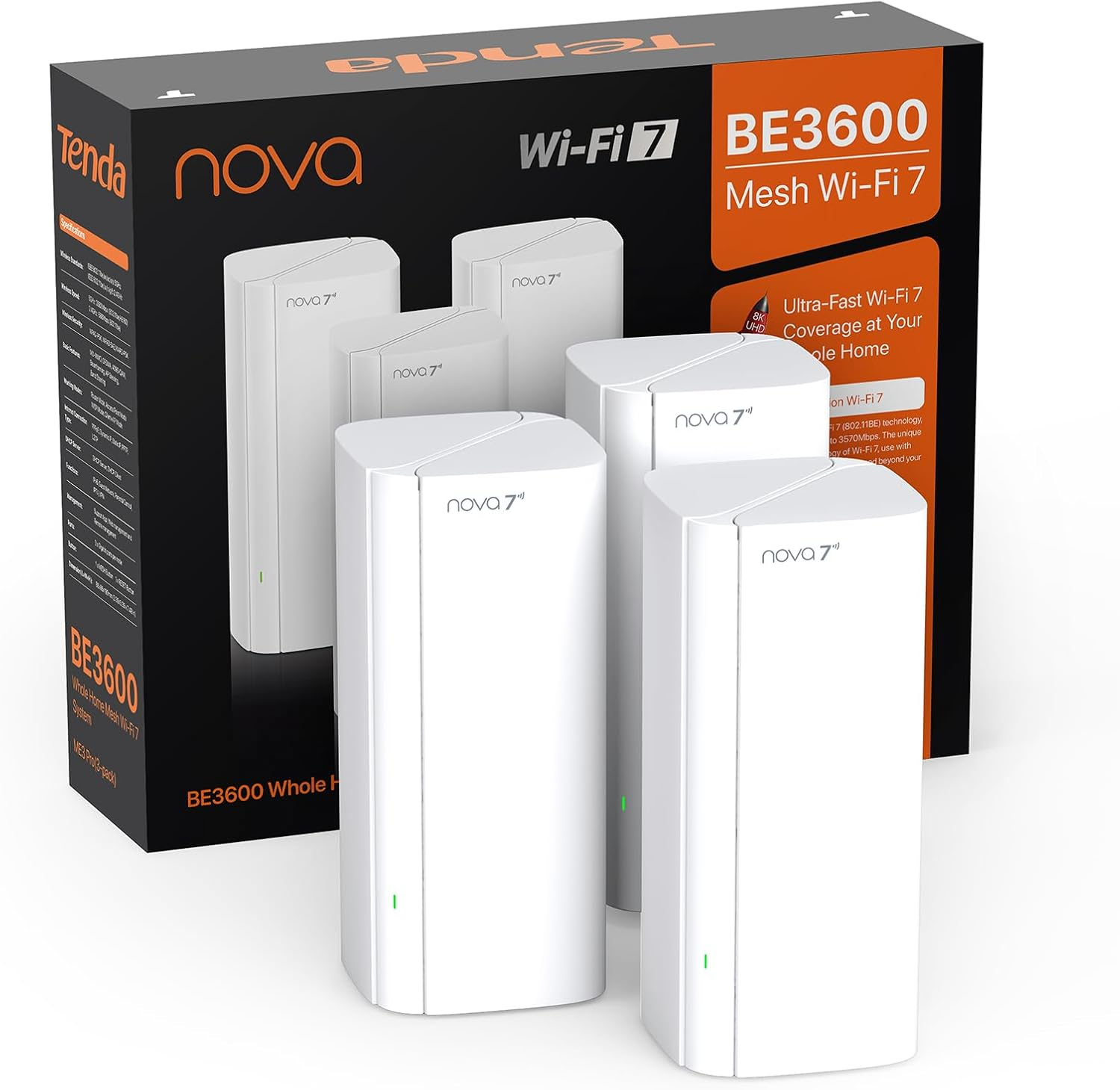 Tenda ▫️ Nova ME3 Pro (conjunto de 3) - Sistema WiFi de malha BE3600 7 (banda dupla de 3,6 Gbps), 3 portas Gigabit, cobertura para toda a casa, ideal para streaming e jogos em 4K, MLO, WPA3, roaming contínuo