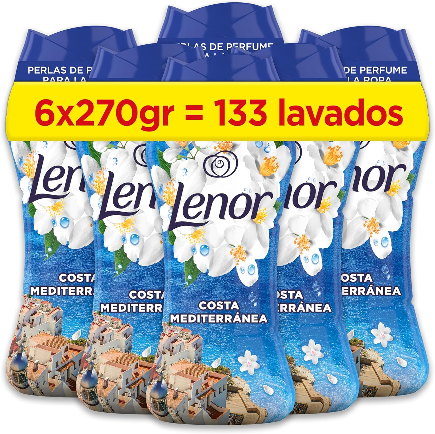 LENOR ▫️ Pérolas de Perfume para Roupa 133 lavagens (6 x 270g), Brisa do Mar e Jasmim, Edição Limitada Costa Mediterrânica, Frescura Ininterrupta até 12 Semanas