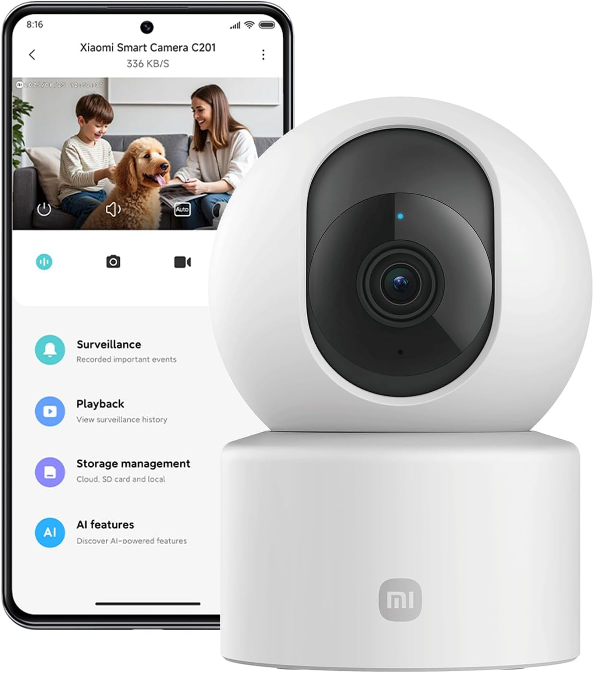 XIAOMI ▫️ C201 Câmara de vigilância WiFi interior 360° 1080P HD, câmara de vigilância para bebés, WiFi 6, cobertura física da lente, visão nocturna a cores, áudio bidirecional, compatível com Alexa e Google
