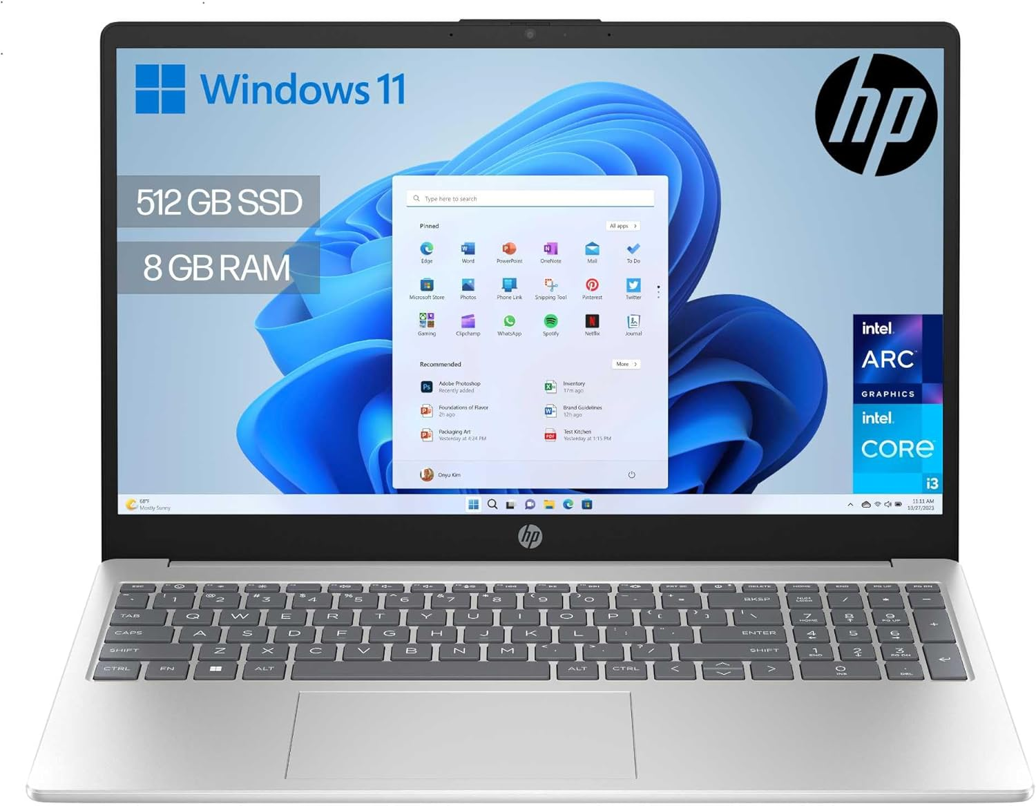 HP ▫️ 15-fd0375ns - Portátil FHD de 15,6" (i3-N305, 8 GB de RAM, SSD de 512 GB, placa gráfica Intel UHD, Windows 11) Prateado - Teclado QWERTY inglês