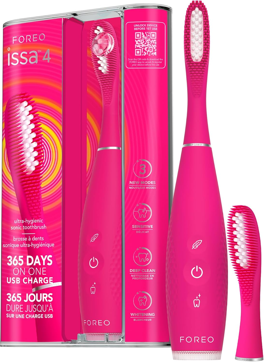 FOREO ▫️ ISSA 4 Escova de dentes eléctrica sónica 4 em 1 recarregável com USB, cabeça de silicone extra macia, branqueamento dos dentes, à prova de água, ideal para viagens, limpeza profunda - Fúcsia