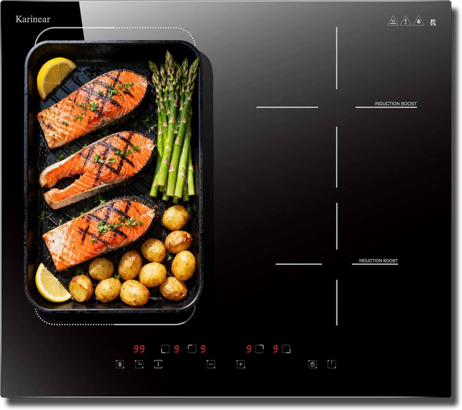 Karinear ▫️ Placa de indução de 4 anéis com zona flexível, 60 cm de encastrar, ecrã tátil, fecho de segurança, 7200 W, função boost, temporizador, 240 V, sem tomada.