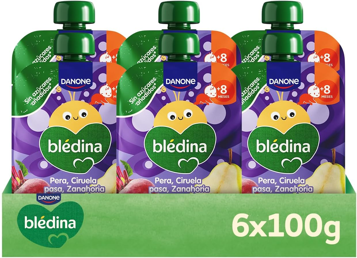 Blédina ▫️ Saquetas de Pera, Ameixa, Cenoura e Beterraba para Bebé. Saqueta 100% fruta e legumes, sem adição de açúcar e com elevado teor de vitamina C, fonte de fibra. A partir dos 8 meses, Embalagem 6x100g
