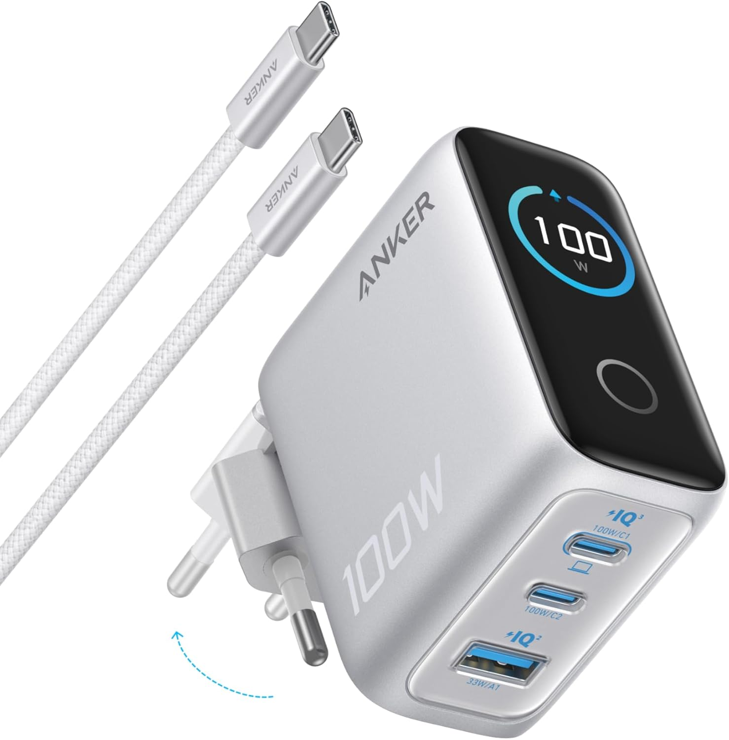 Anker ▫️ Carregador de iPhone Fast Charge 100W, carregador de parede GAN compacto de 3 portas, ecrã inteligente, controlo tátil, compatível com MacBook, iPad, iPhone 17/16/15 Series