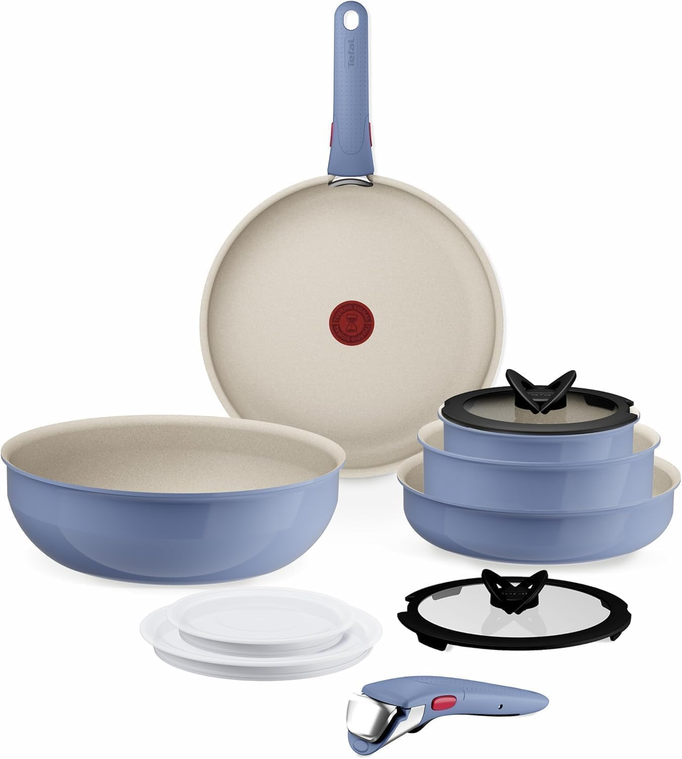 T-Fal ▫️ Tefal Ingenio Serenity - Conjunto de 2 frigideiras 22/28 cm + Wok 26 cm + 2 caçarolas 16/20 cm + 4 acessórios + 2 pegas, revestimento antiaderente, empilhável, resistente à indução, à máquina de lavar louça e ao forno, azul