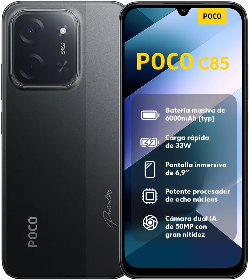 XIAOMI ▫️ POCO C85 - Smartphone de 8+256GB, câmara dupla de 50MP com IA, ecrã imersivo de 6,9", processador Octa-Core potente, carregamento rápido de 33W, 6000mAh, carregador não incluído, preto (versão ES)