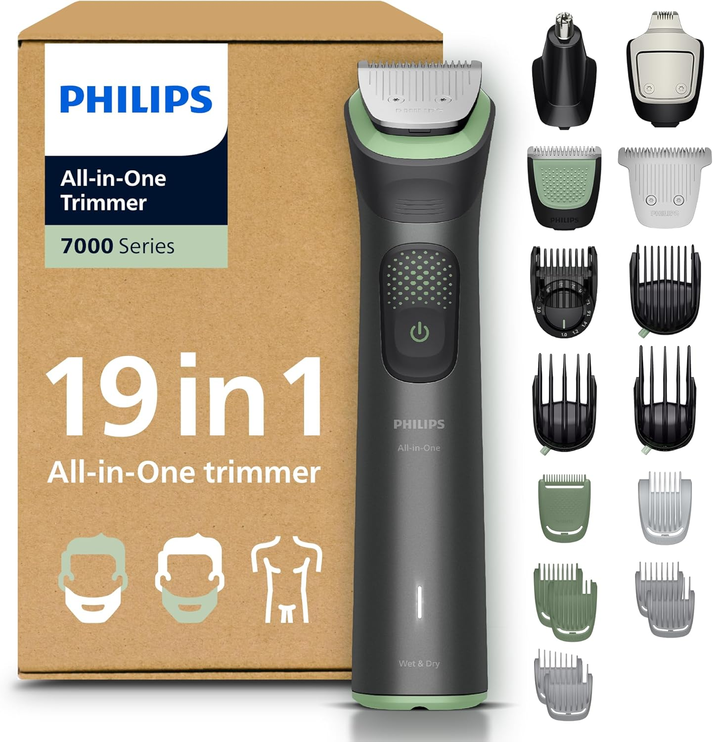 Philips ▫️ Aparador tudo-em-um 19 em 1 Série 7000 - Máquina de barbear e depilar para homem para rosto, cabeça e corpo, lâminas de aço auto-afiáveis, 26 comprimentos, recarregável, MG7962/30