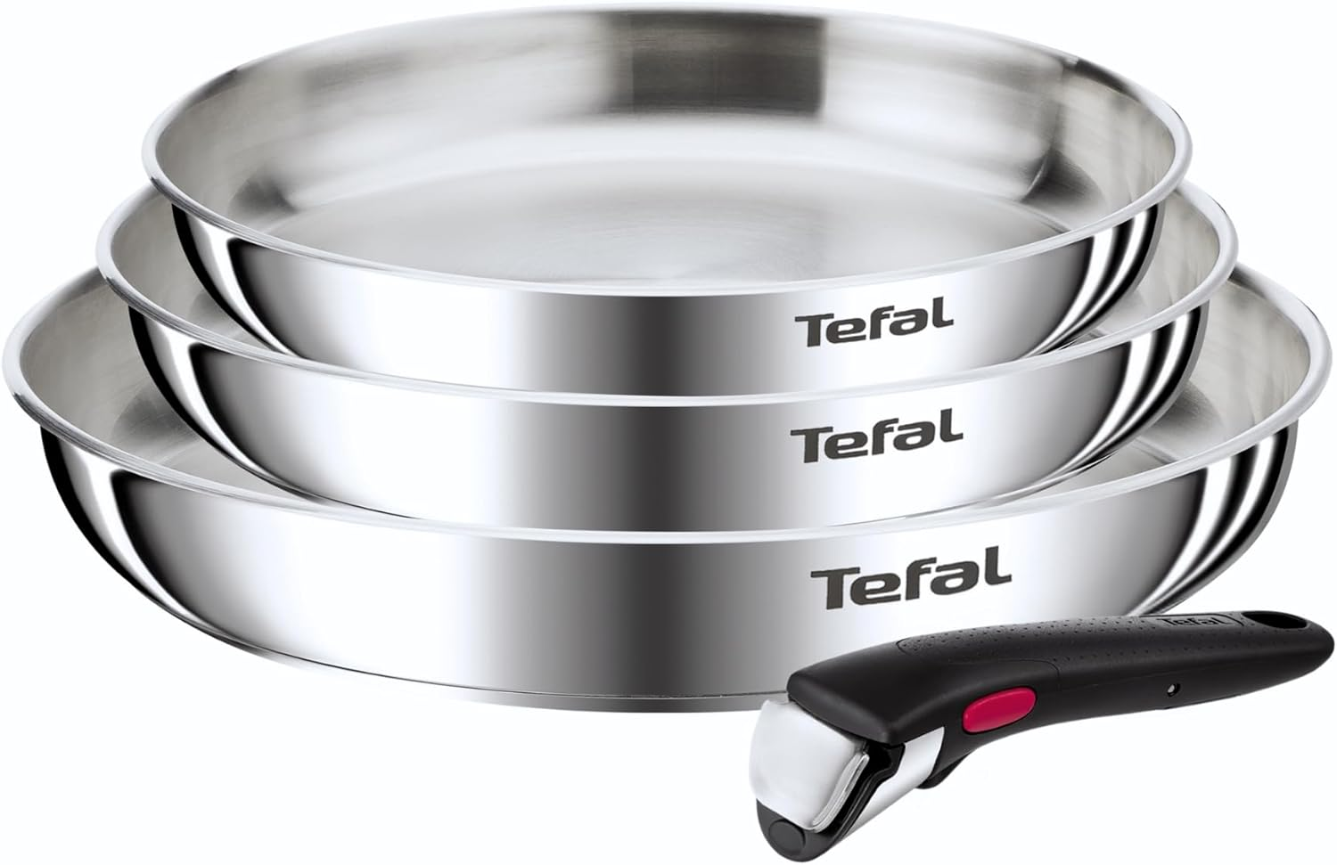 Tefal ▫️ Ingenio Emotion - Conjunto de 3 frigideiras 22/24/28 cm + cabo amovível, aço inoxidável, não revestido, adequado para indução, forno e máquina de lavar louça