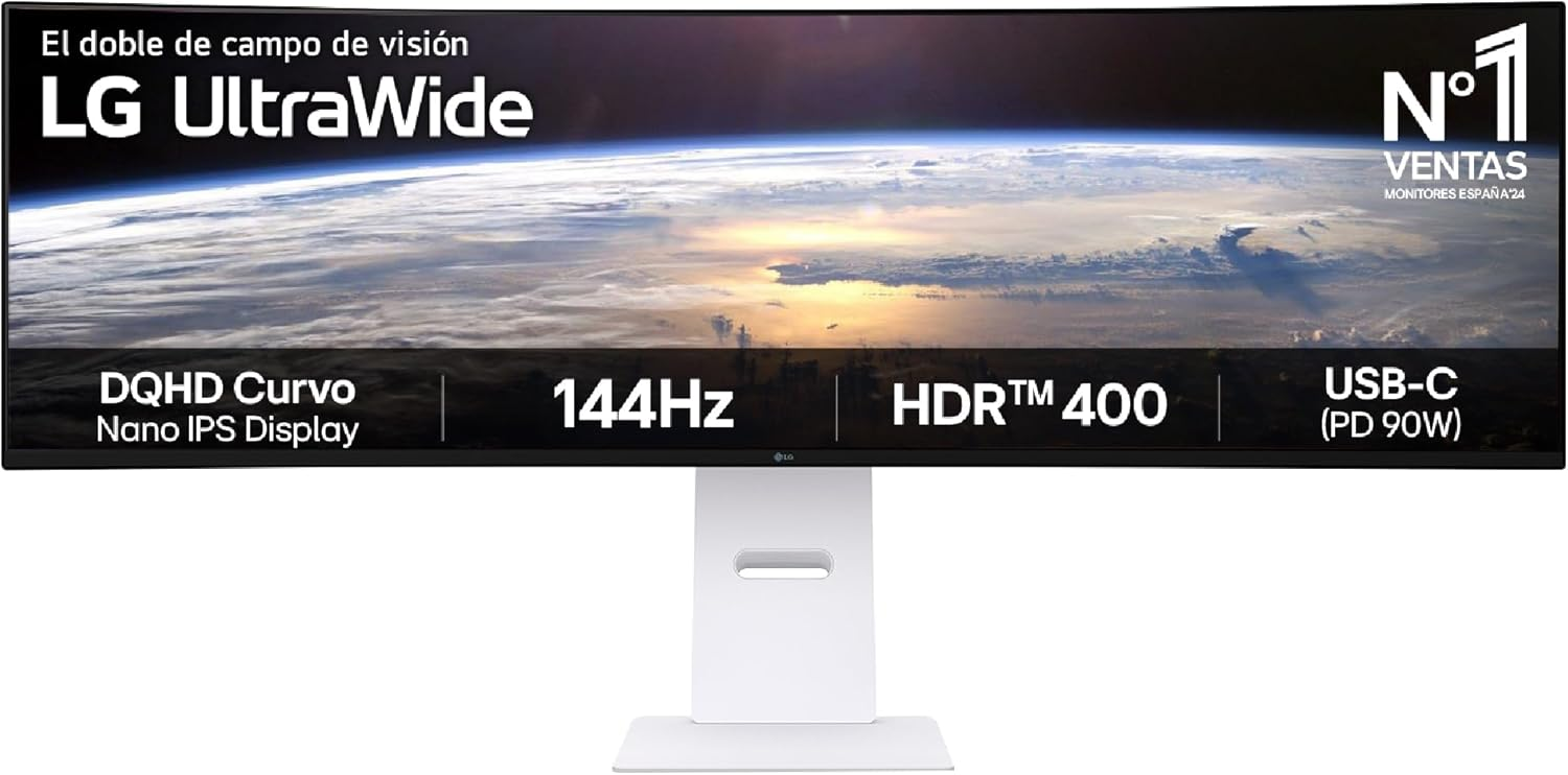 LG ▫️ 49U950A-W - Monitor UltraWide Curvo, 49", Nano IPS, (5120x1440), 32:9, 144Hz, HDR400, AMD FreeSync Premium Pro/Multitarefa Ideal, USB-C (PD 90W), Inclinação/Altura Ajustável, Branco
