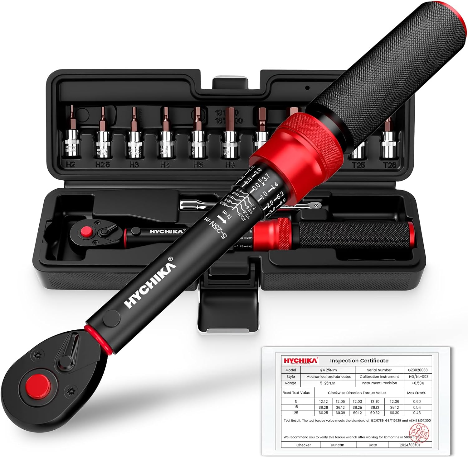 HYCHIKA BETTER TOOLS FOR BETTER LIFE ▫️ HYCHIKA Conjunto de 13 chaves dinamométricas 1/4" 5-25Nm, Precisão ±2%, Conjunto de chaves dinamométricas para bicicleta 72 dentes com extensão, pontas e estojo.