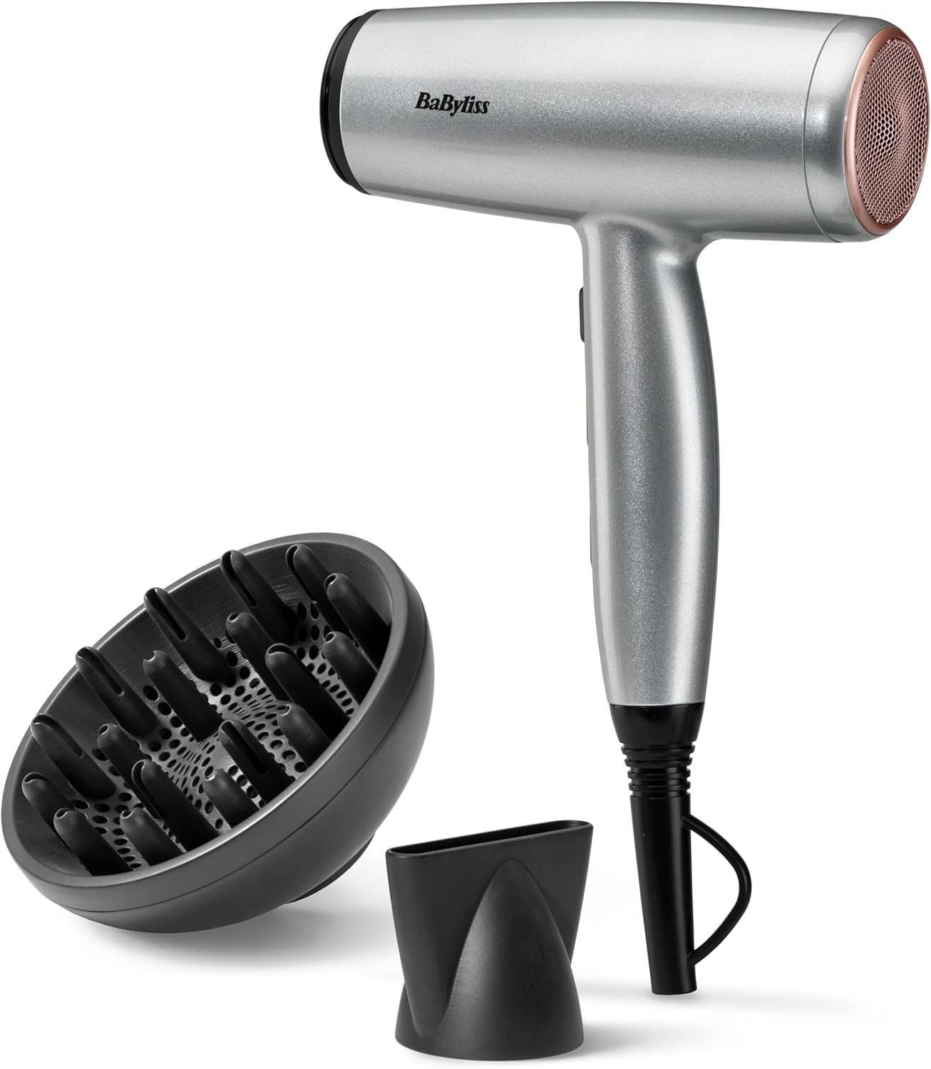 BaByliss ▫️ Cosmos Secador de Cabelo Leve com Difusor - NOVO 2025, 2100W Secador de Cabelo Potente e Elegante, Condicionamento Iónico Sem Frizz, 3 configurações de calor e 2 velocidades, Prata, D580DE