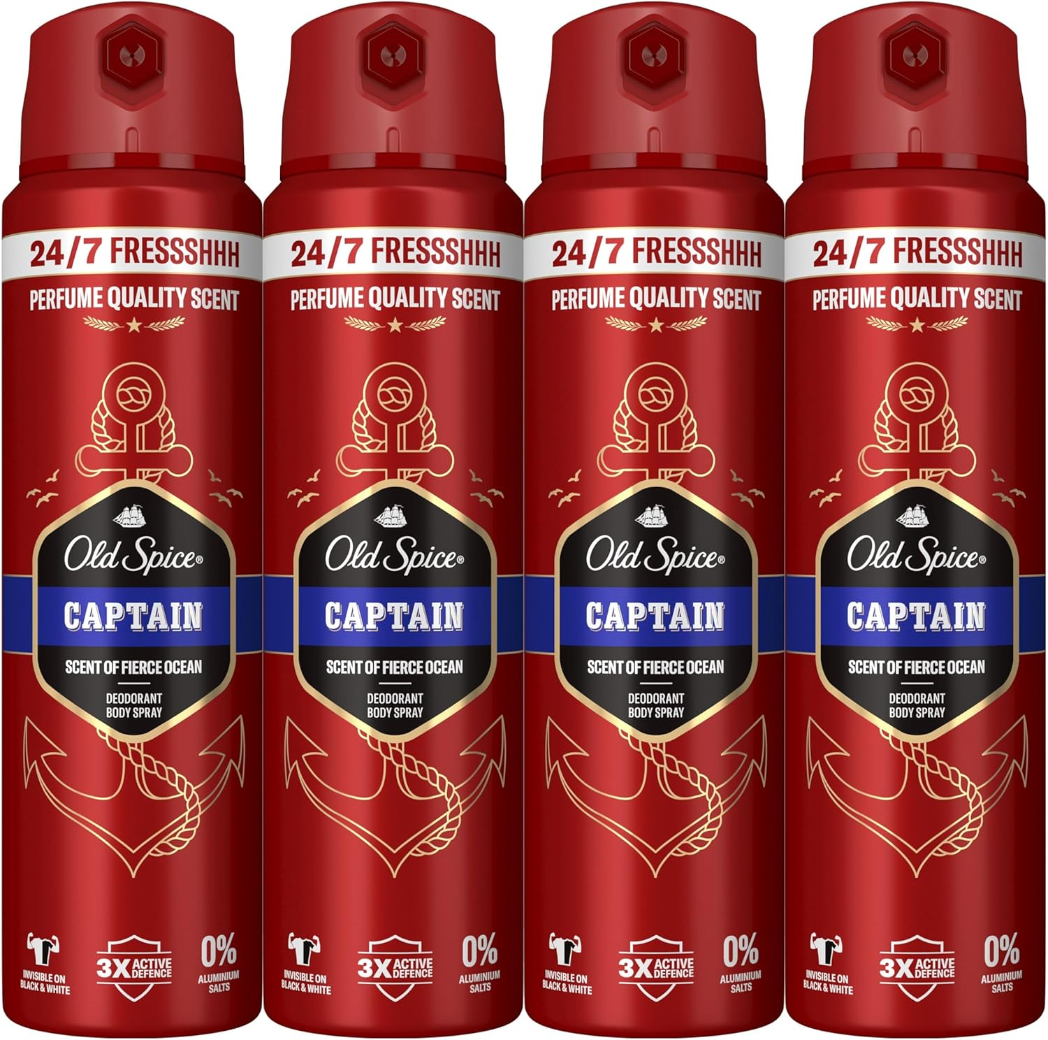 Old Spice ▫️ Captain Men's 48 Hour Fresh Body Spray Desodorizante, 0% Sais de Alumínio, 4x150 ml