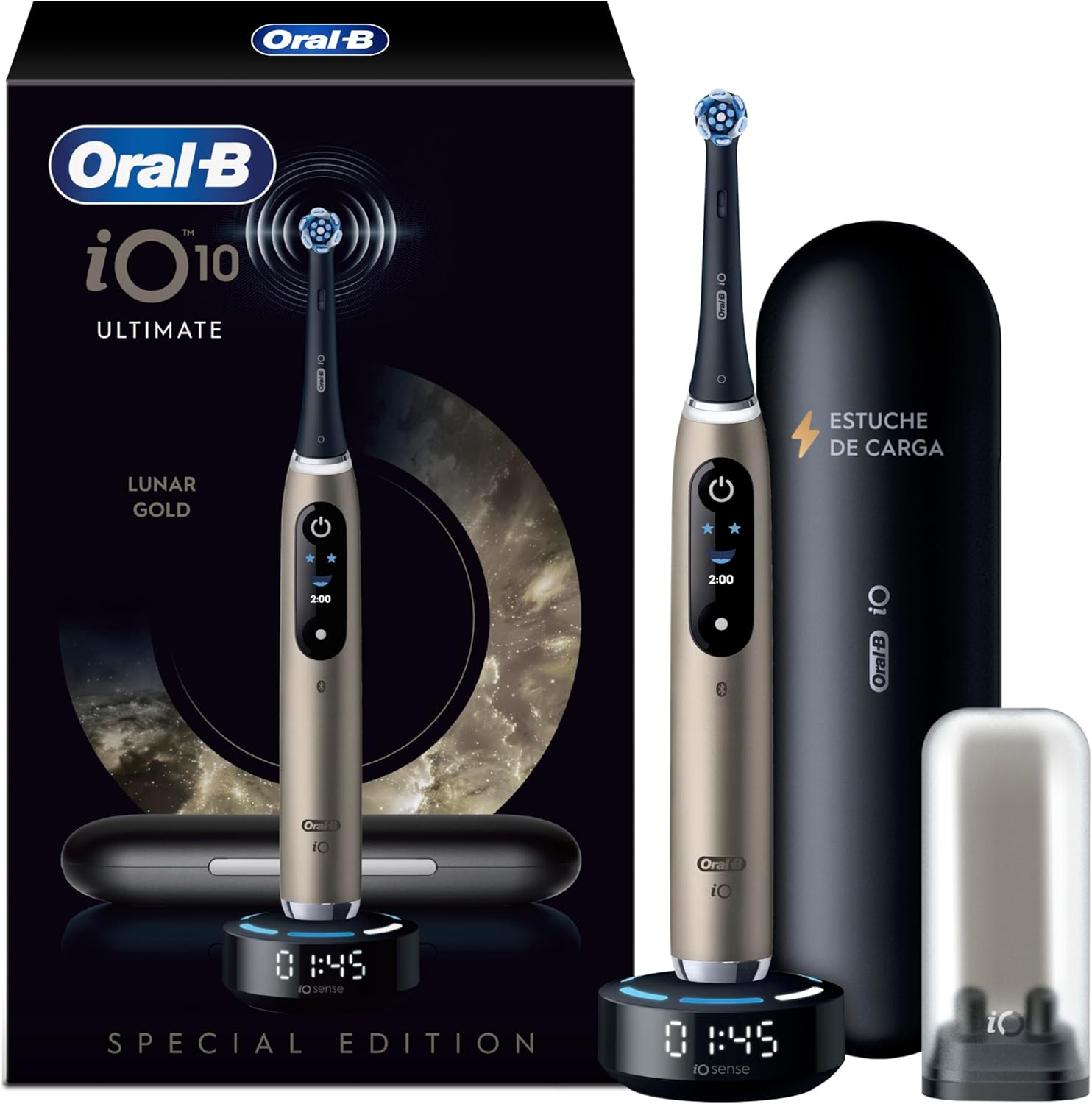 Oral-B ▫️ iO10 Lunar Gold Electric Toothbrush, 1 cabeça de escova de dentes Ultimate Clean, 1 carregador magnético rápido com tecnologia iO Sense, 1 estojo de viagem para carregamento, 1 suporte higiénico para a cabeça da escova de dentes