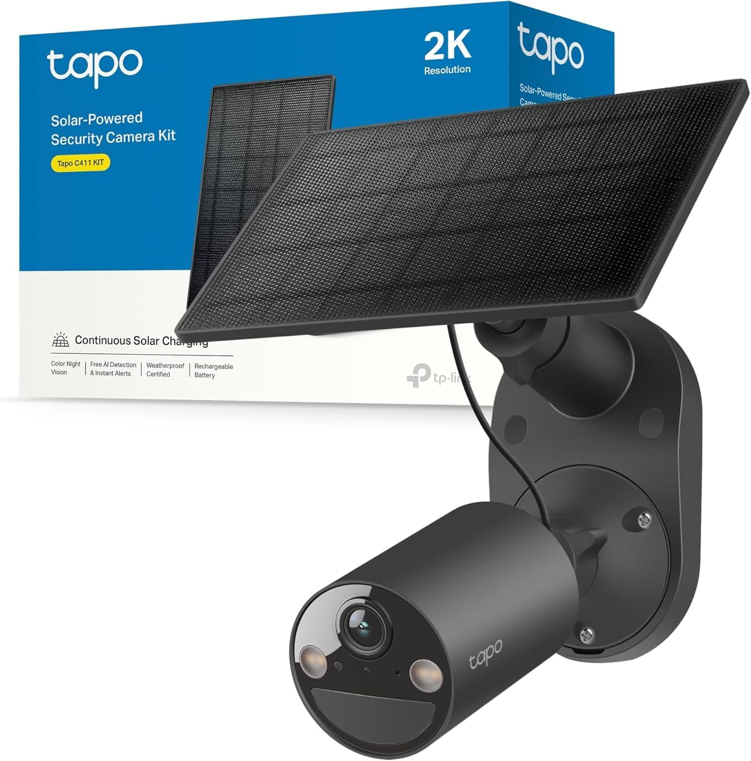 Tapo ▫️ Kit C411 TP-Link Câmara de segurança solar sem fios 2K/3MP com visão nocturna a cores, deteção inteligente de pessoas