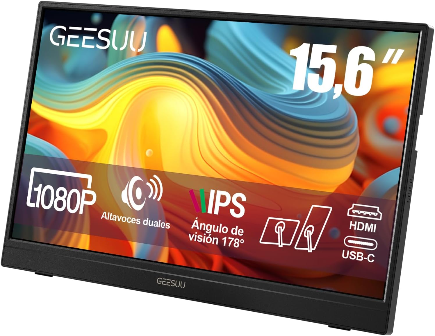 GEESUU ▫️ Monitor para computador portátil de 15,6 polegadas, ecrã de computador IPS, segundo ecrã para PC de 60 Hz com altifalantes incorporados, suporte giratório de 90°, HDMI/USB-C/Tipo C