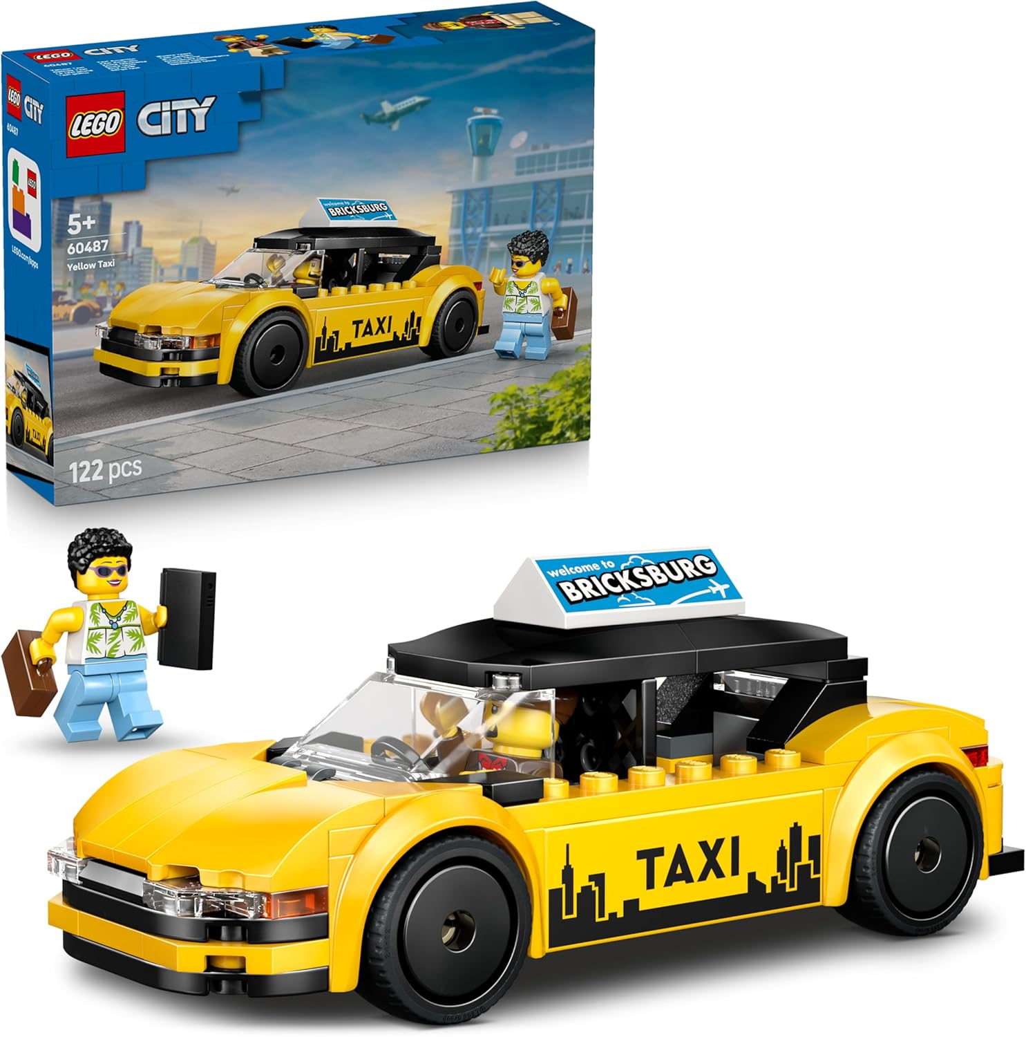 LEGO ▫️ Brinquedo City Táxi Amarelo - Modelo de Carro Elétrico com Tejadilho Amovível e 2 Minifiguras - Conjunto para Motricidade Fina - Prenda de Aniversário para Crianças a partir dos 5 Anos - 60487