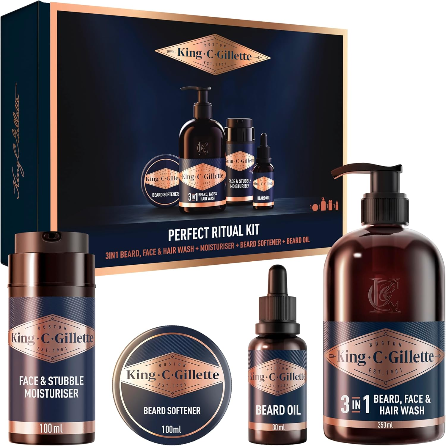 King C. Gillette ▫️ Men's Beard Kit Perfect Routine, Pack Of 3 In 1 Beard Cleansing Gel 350ml + Beard Oil 30ml + Beard Softener 100ml + Moisturising Cream 100ml, Presentes para homem