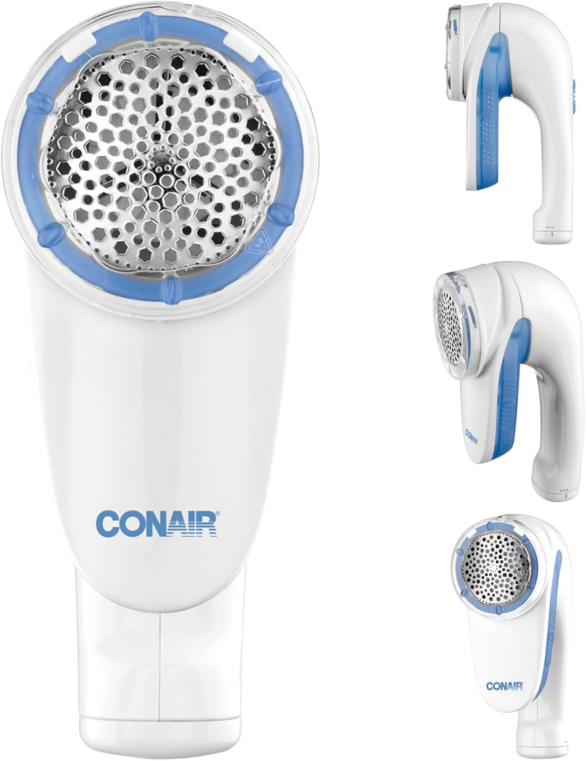 Conair ▫️ Removedor de cotão máquina de barbear para tecidos e panos a pilhas, pega ergonómica, cabeça grande, branco/azul, CLS1XE