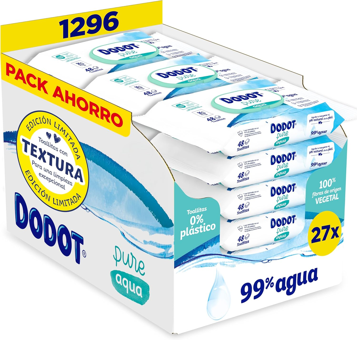 DODOT ▫️ Pure Aqua Baby Wipes, 1296 toalhetes (9 embalagens de 48 unidades, embalagem de 3), ajuda a restaurar o PH natural da pele, 99% de água, sem plástico