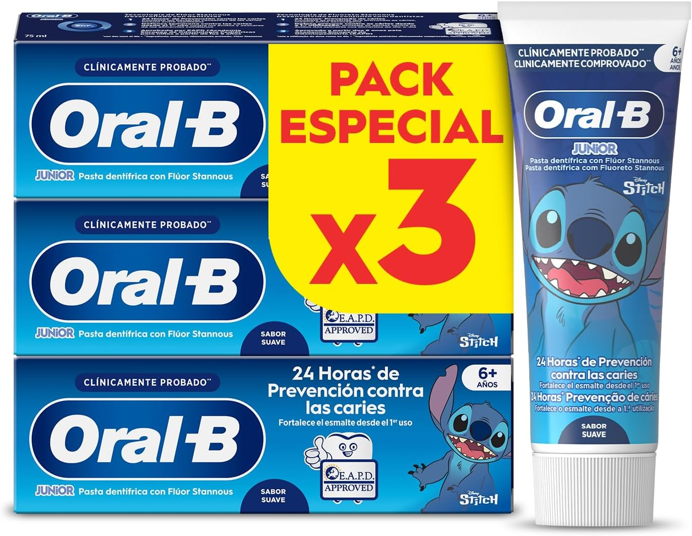 Oral-B ▫️ Pro Junior Disney Stitch Pasta de dentes para crianças, remove a placa bacteriana e previne as cáries, pasta de dentes para crianças dos 6 aos 12 anos, sabor a menta suave, 75 ml (embalagem de 3)