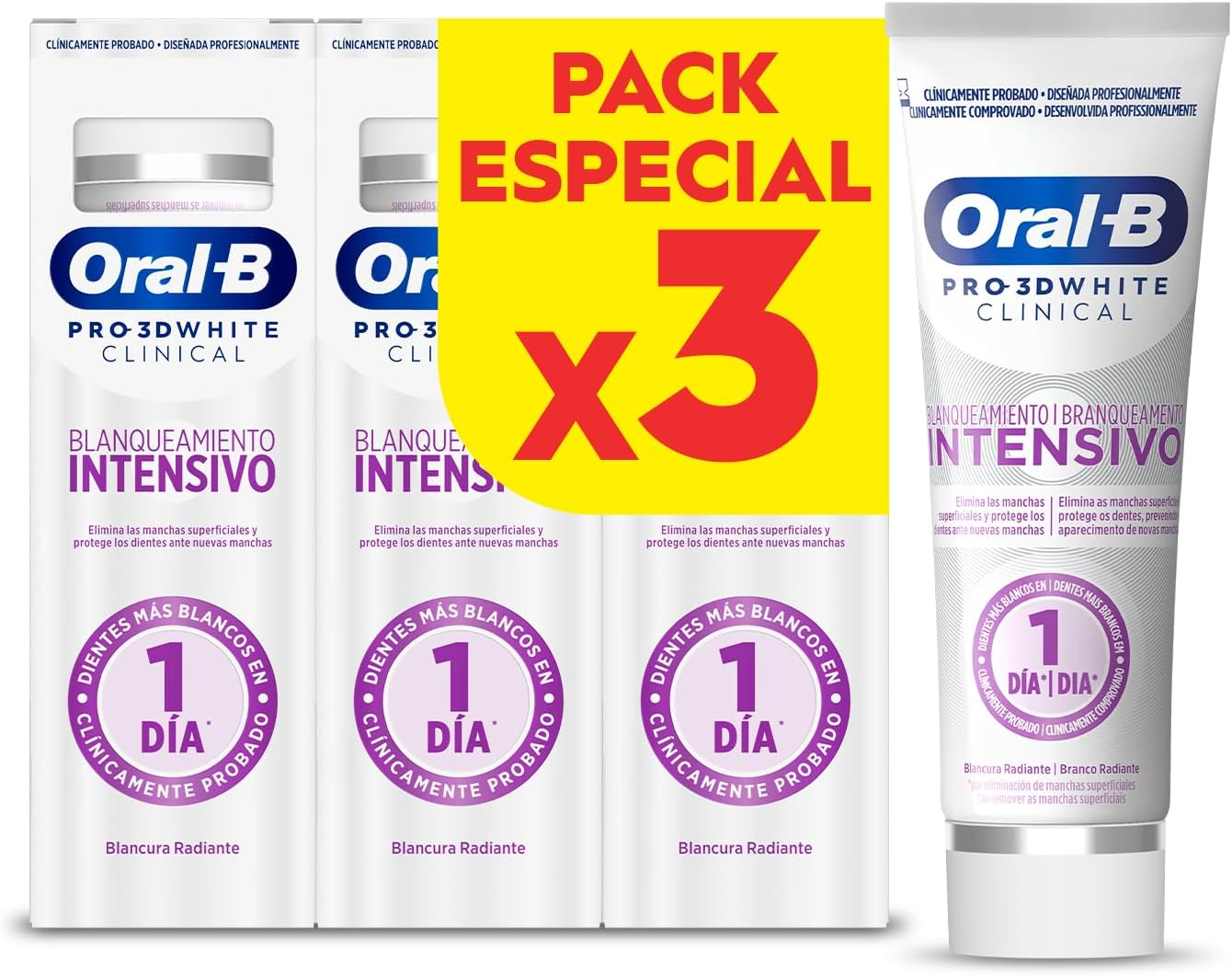 Oral-B ▫️ Pro 3D White Clinical Intensive Whitening Pasta de dentes branqueadora, remove as manchas superficiais, pasta de dentes branqueadora com sabor a menta verde, 75 ml (embalagem de 3)