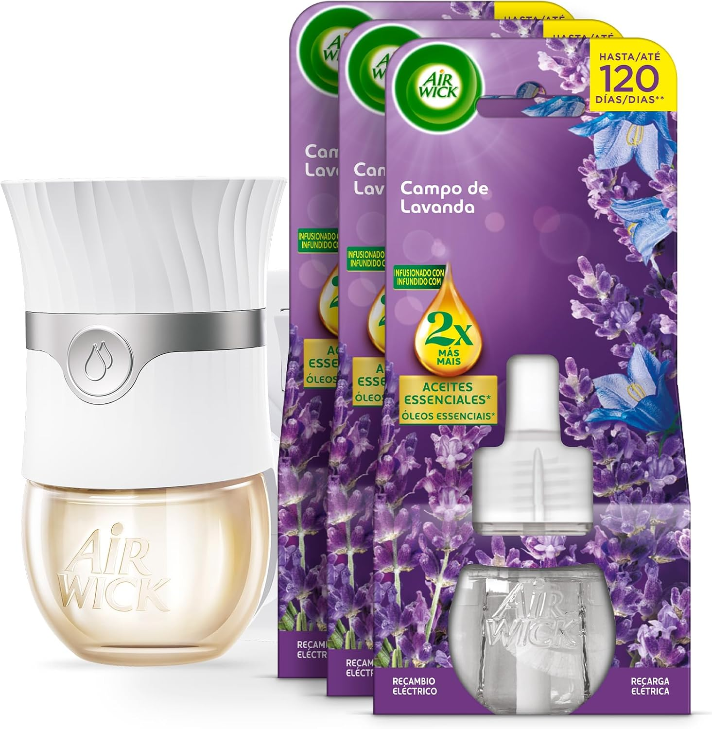Air Wick ▫️ Ambientador elétrico - Difusor inteligente com tecnologia anti-desbotamento + 3 recargas com aroma de lavanda, infundido com 2X mais óleos essenciais