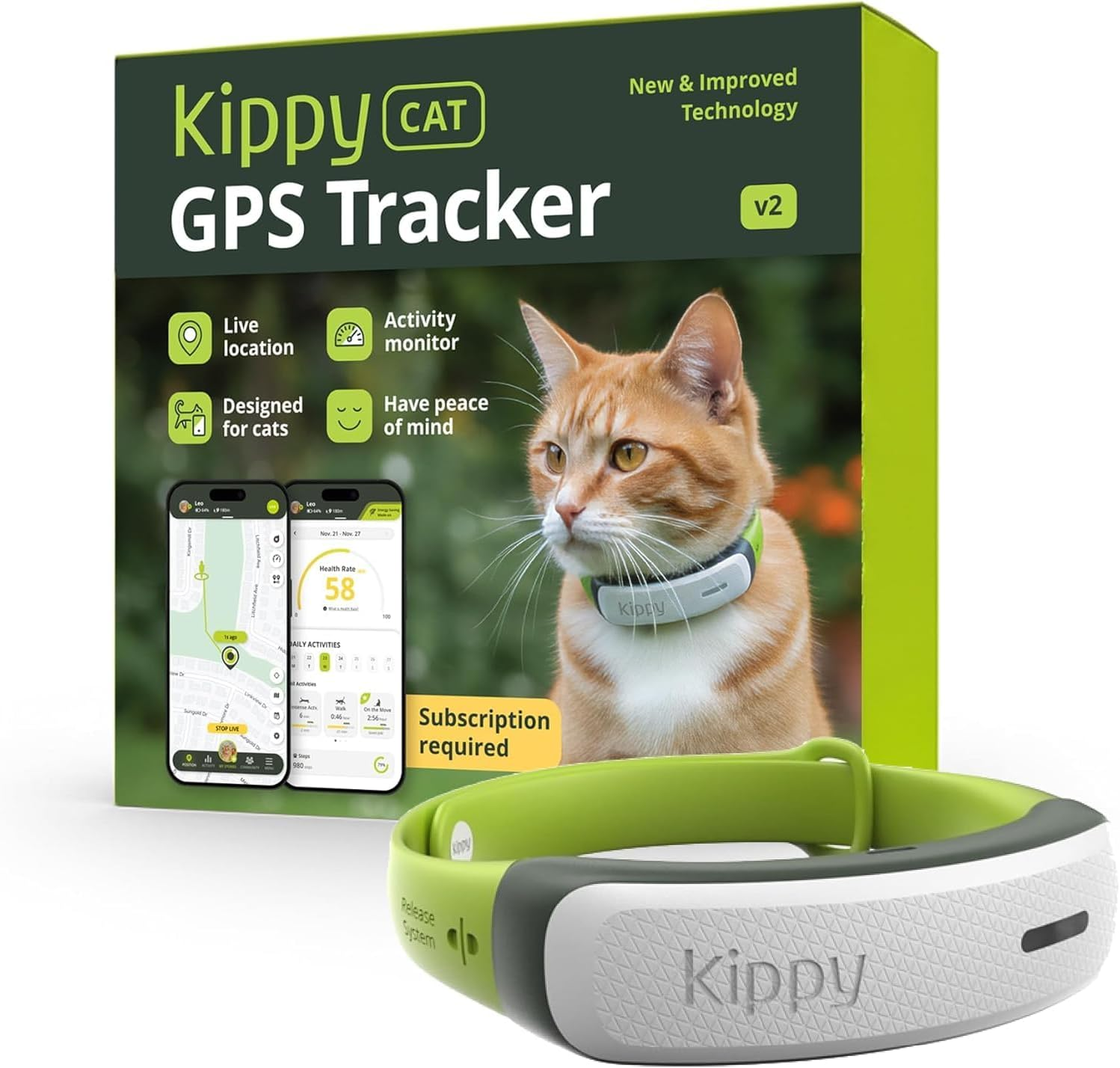 KIPPY ▫️ Cat V2 - Coleira GPS para gatos - Rastreador de saúde e atividade e rastreador com sistema anti-estrangulamento - CRIA limites virtuais