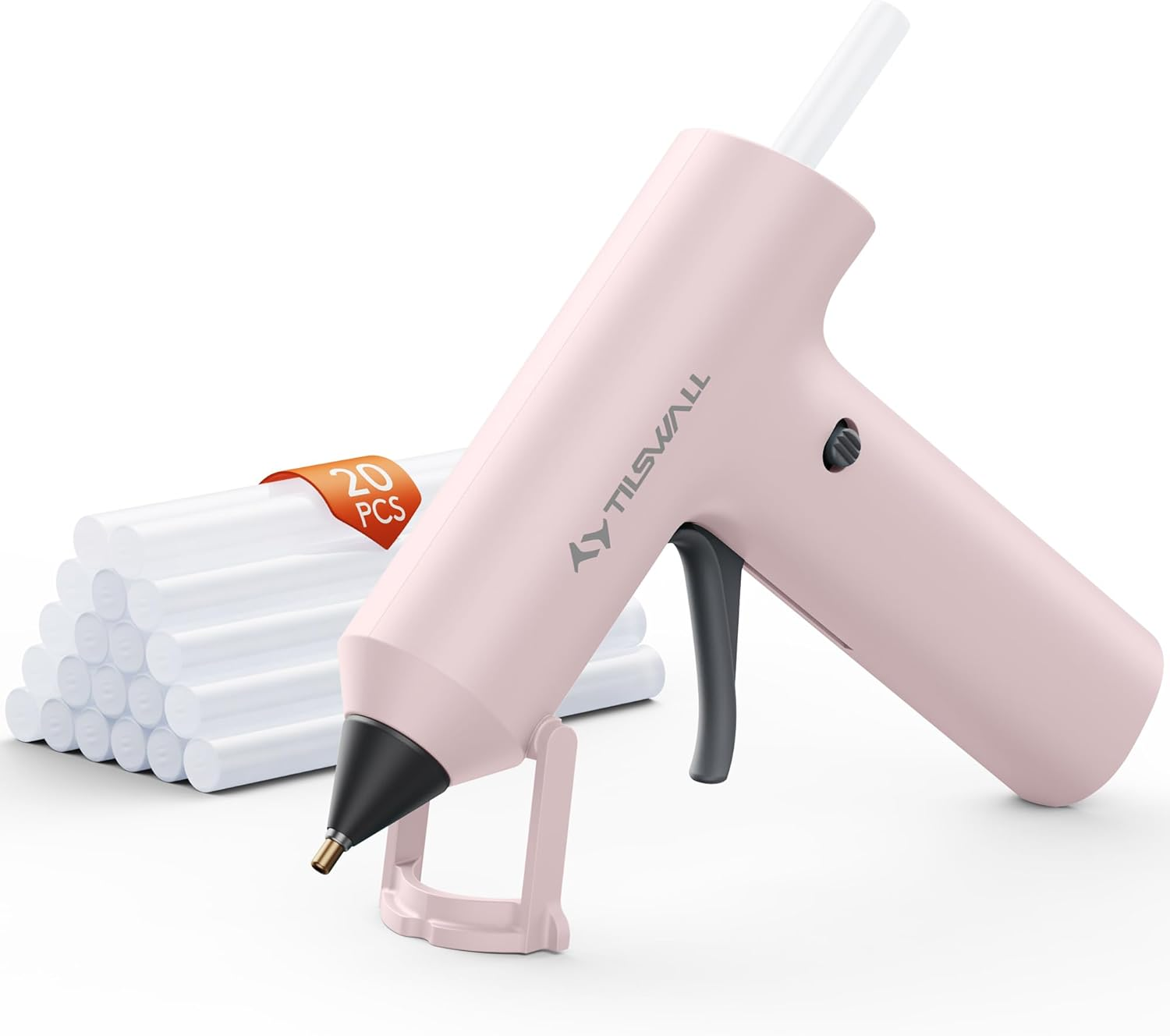 TILSWALL ▫️ Pistola de cola de silicone aquecida, pistola de silicone sem fio com bateria de 2000mAh, 20 bastões de cola Premium, ideal para trabalhos manuais e reparações, cor-de-rosa