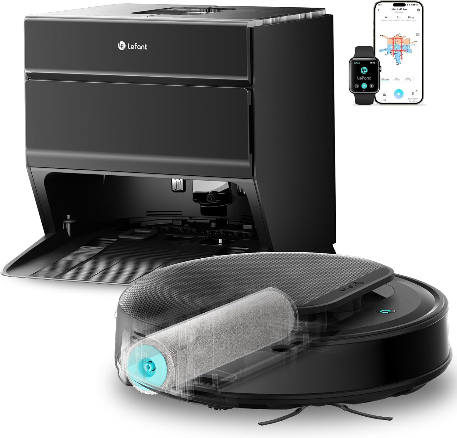 LEFANT ▫️ M5 Pro Robot Aspirador de pó e esfregão com base e aplicativo de auto-drenagem, 18000 Pa, esfregão de rolo autolimpante extensível, lavagem com água quente a 75 ℃, navegação a laser, 2,4 G e 5G