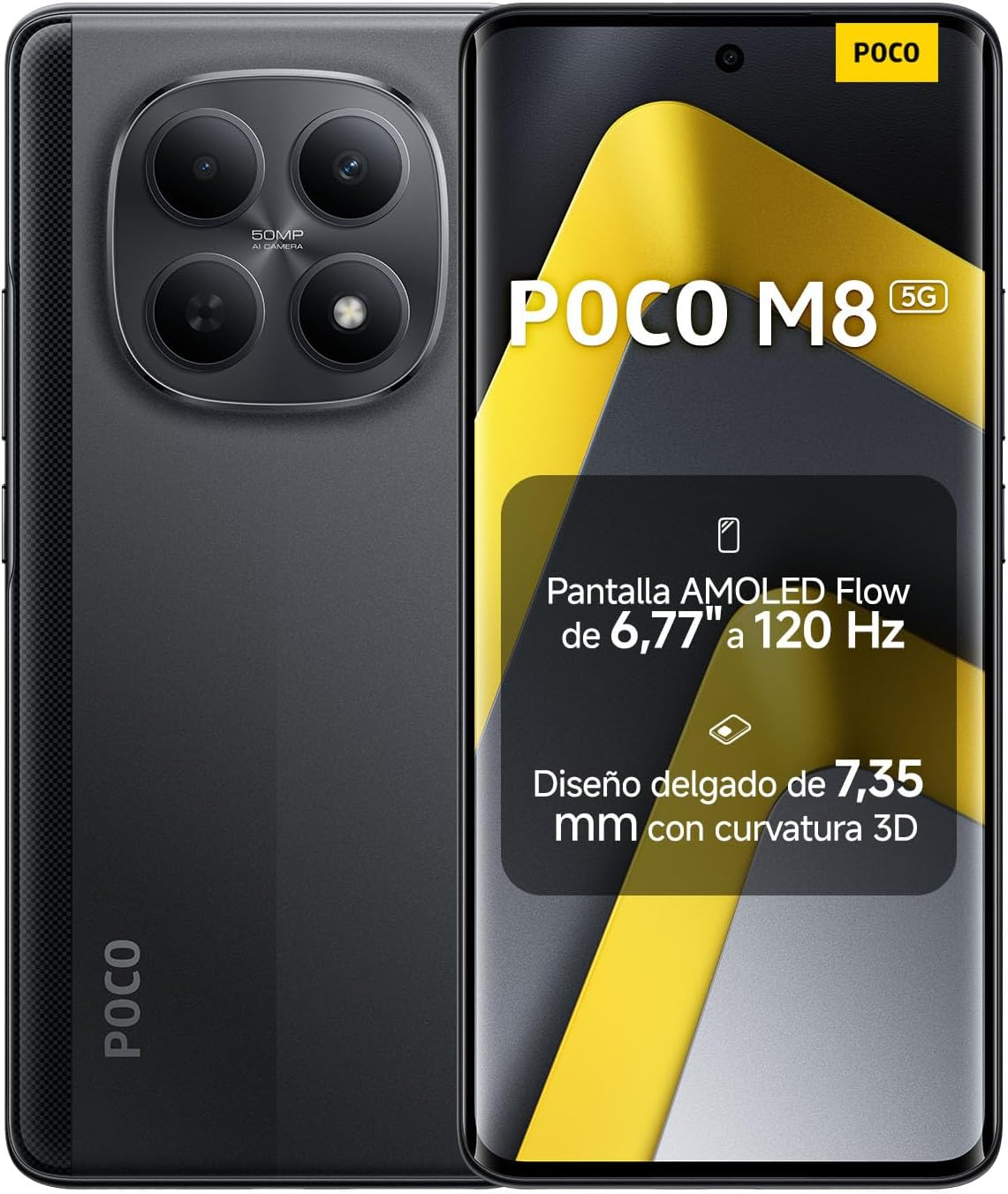 XIAOMI ▫️ POCO M8 5G - Smartphone de 8+512GB, ecrã AMOLED de fluxo de 6,77" 120Hz, Snapdragon 6 Gen 3, câmara AI dupla de 50MP, carregamento turbo de 45W, carregador não incluído, preto (versão ES)