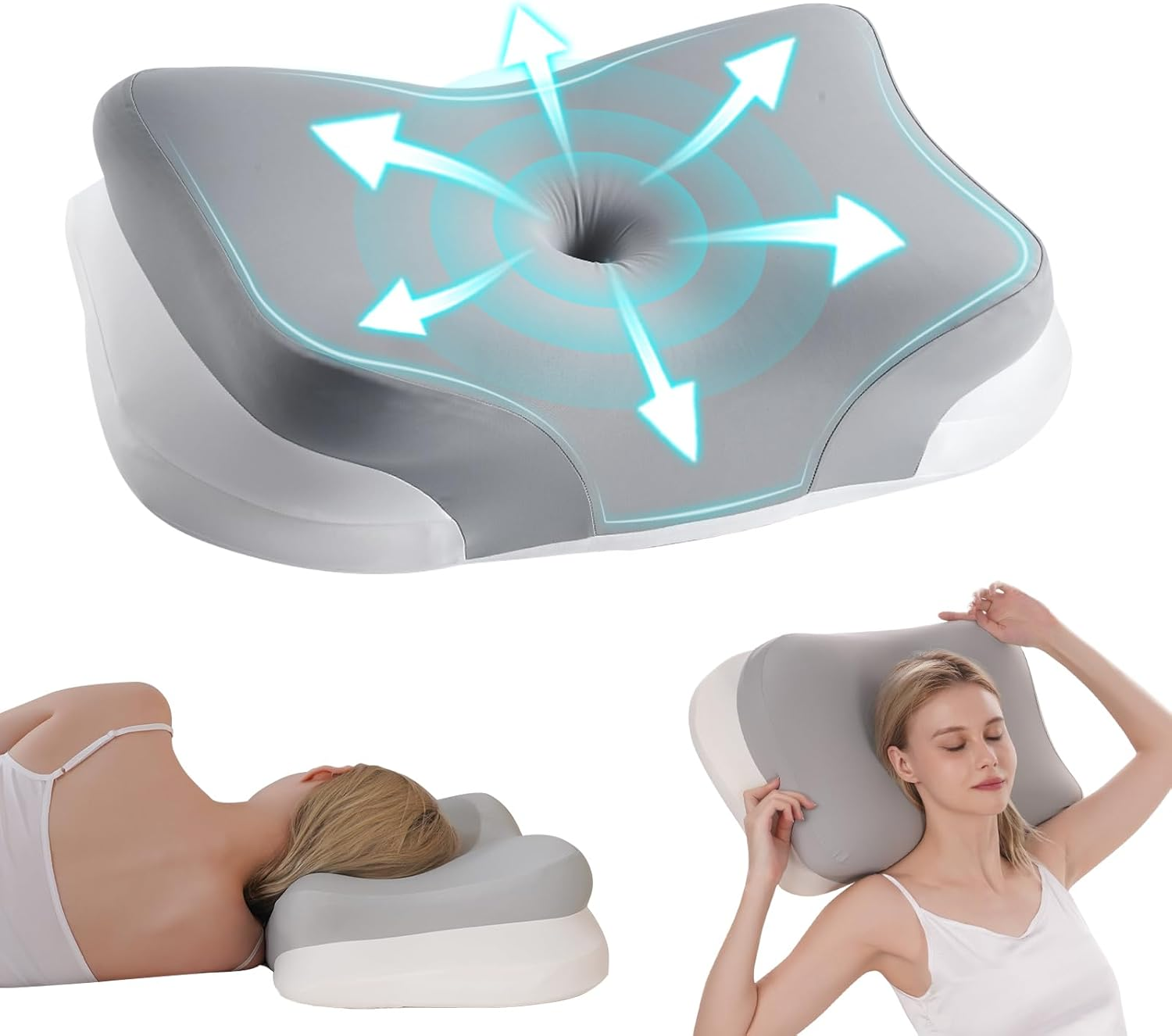 KEVIAN ▫️ Almofada de apoio para a cervical e o pescoço, almofada ergonómica curva de espuma viscoelástica de alta densidade para dormir de lado, de barriga para cima e de barriga para baixo, com capa lavável, 60x37x13/12 cm
