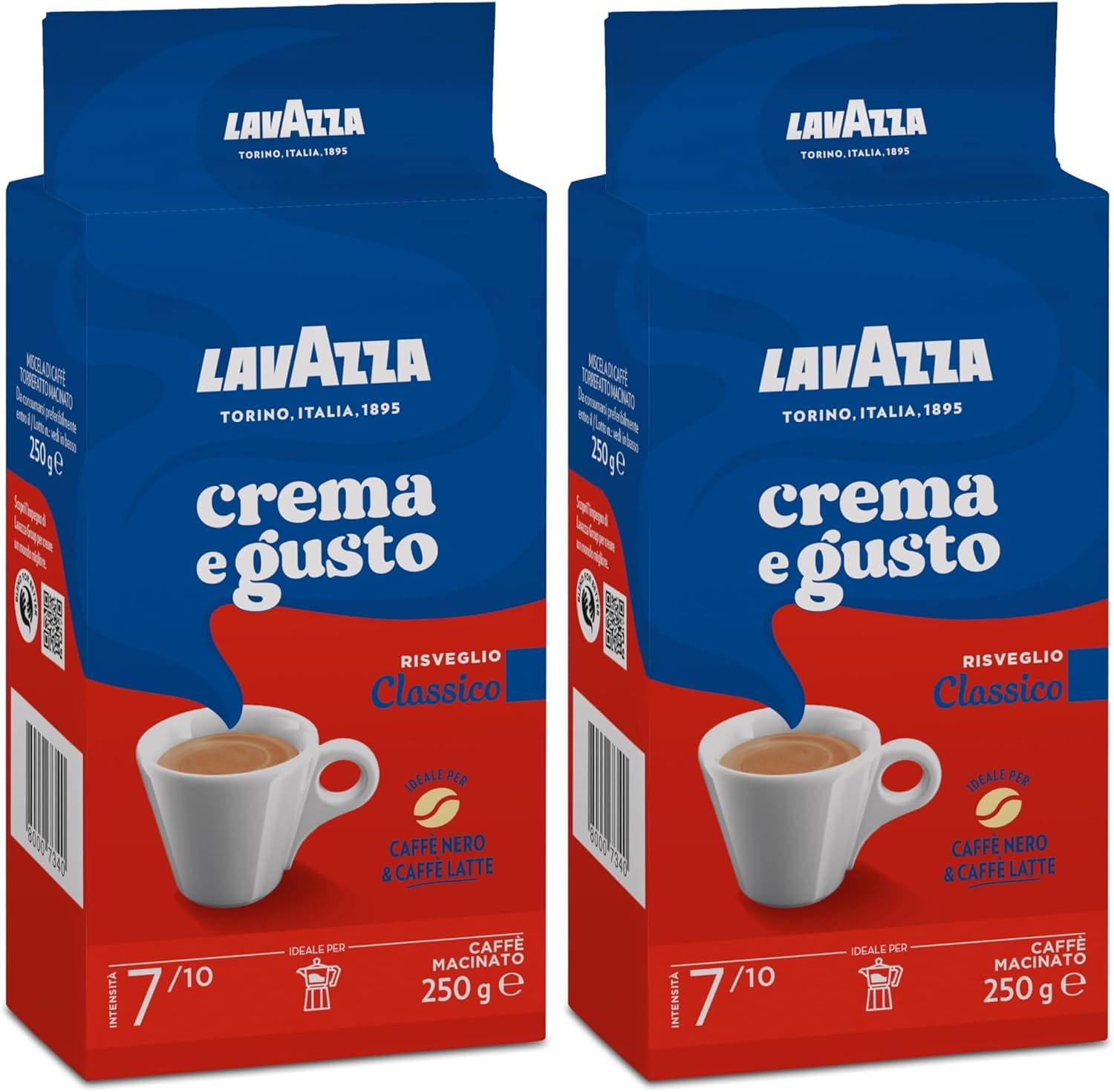 Lavazza ▫️ Crema e Gusto Classico, café moído natural, ideal para máquinas de café italianas, de filtro e francesas, com notas aromáticas de especiarias, Arábica e Robusta, intensidade 7, torrado escuro, 250 g
