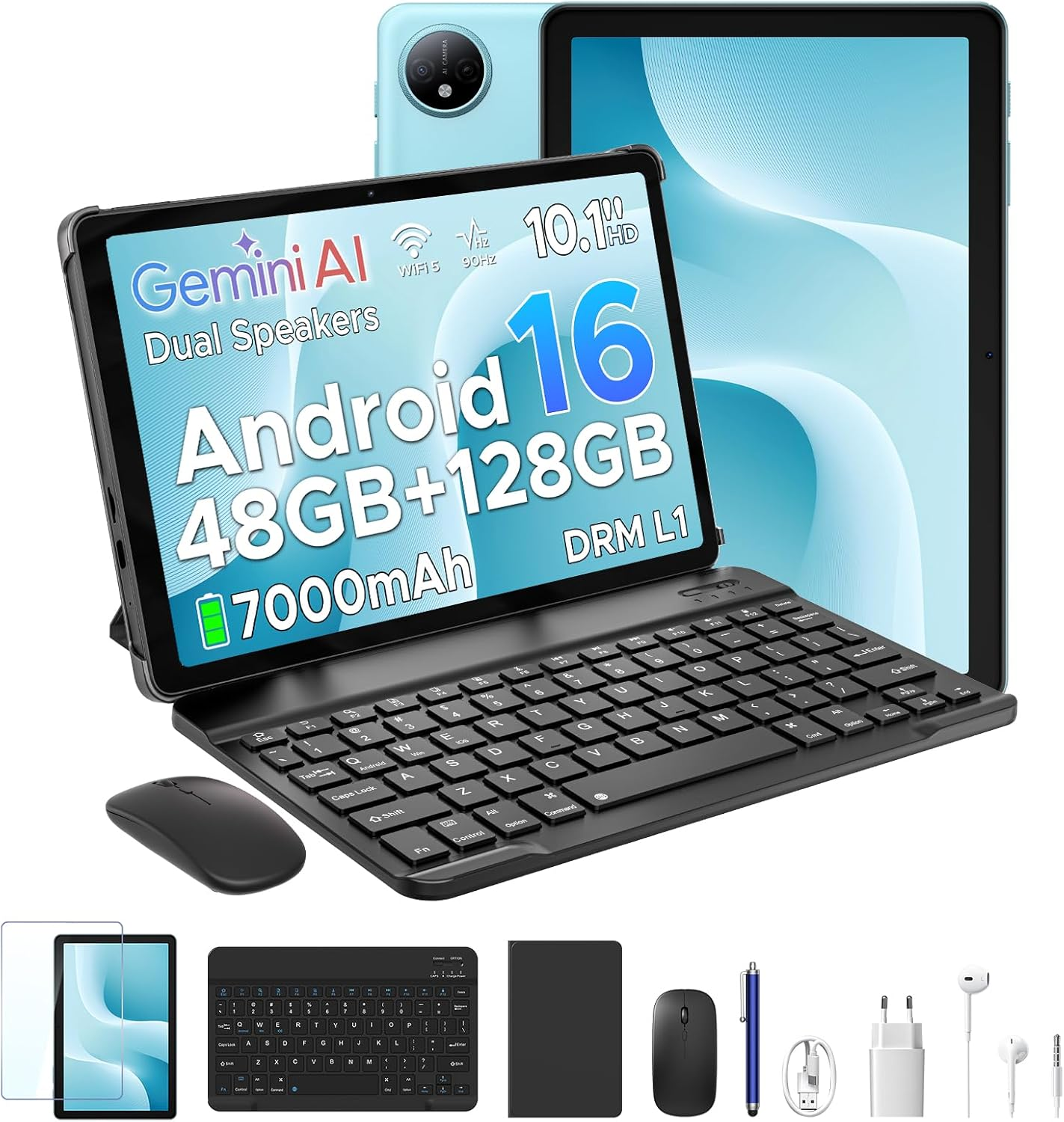 Aorlym ▫️ P10 Tablet 10 Polegadas 2026, Tablet Android 16, 48GB RAM+128GB ROM/2TB TF, Gemini AI, Ecrã 90Hz, 7000mAh, OTG, 5G WiFi, Face ID, OTG, GPS, 3,5mm, Widevine L1, Tablet com teclado e lápis