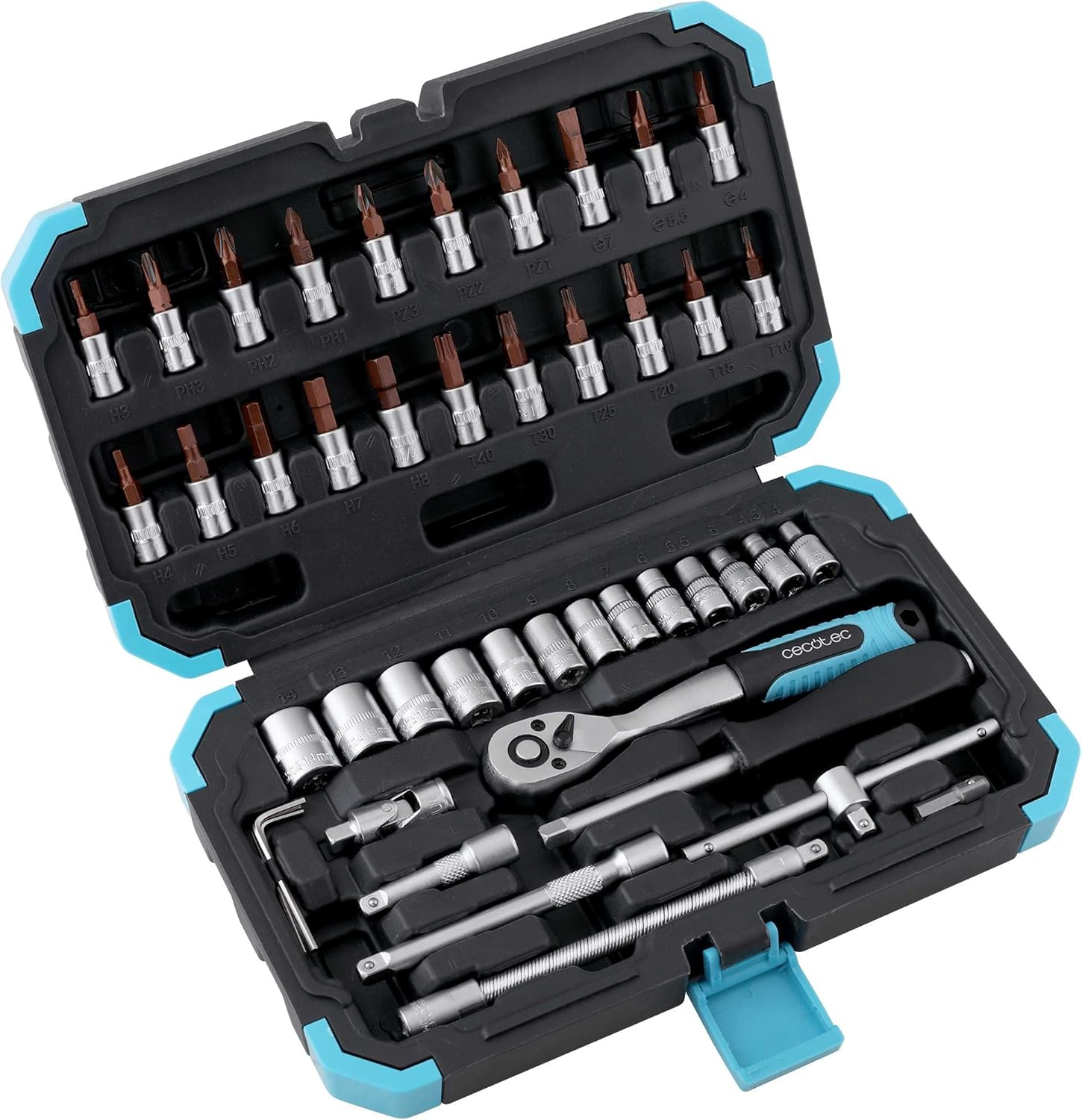 Cecotec ▫️ ToolBox KRK 2200 Mala de ferramentas com 46 peças. Catraca profissional de 72 dentes, soquetes CR-V para serviço pesado, brocas de aço S2, soquetes de aro, maleta para serviço pesado.