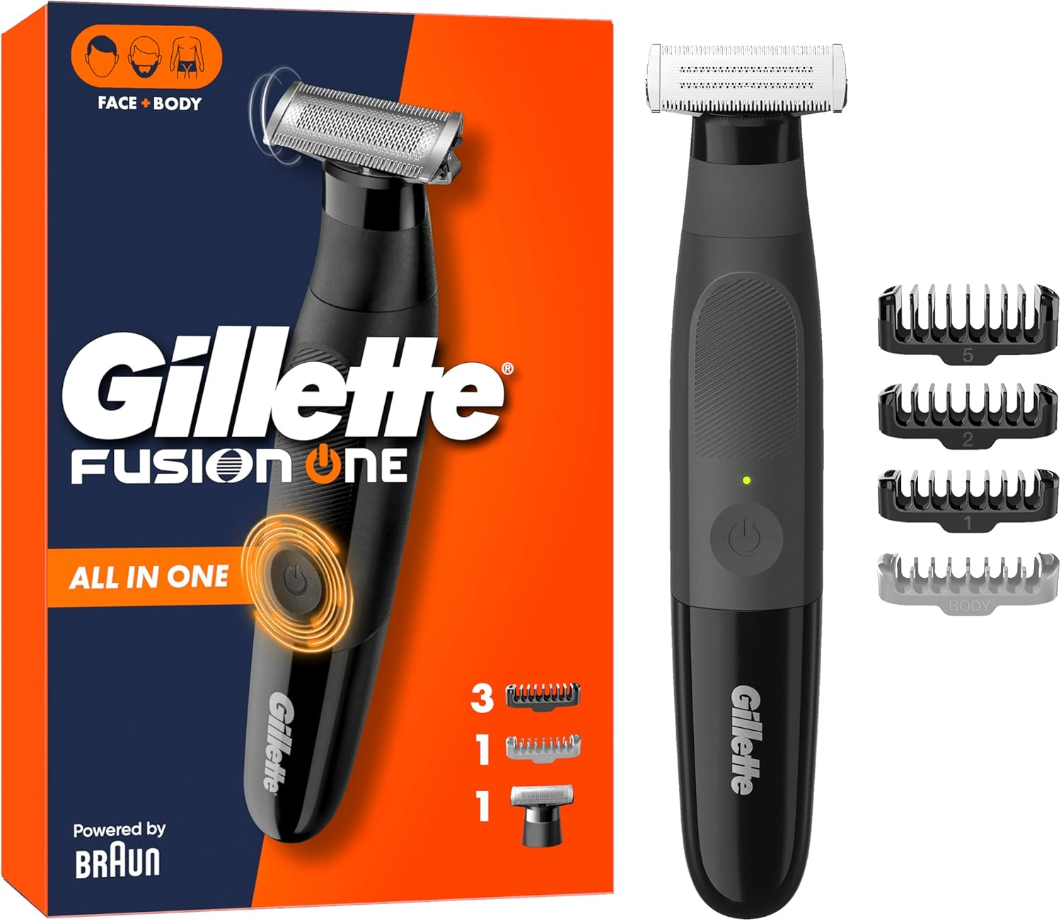 Gillette ▫️ Aparador de barba e máquina de barbear Fusion One, aparador de barba e máquina de barbear corporal, cabeça giratória, 4 pentes, à prova de água, sem fios, 45 minutos de utilização, aparar e barbear