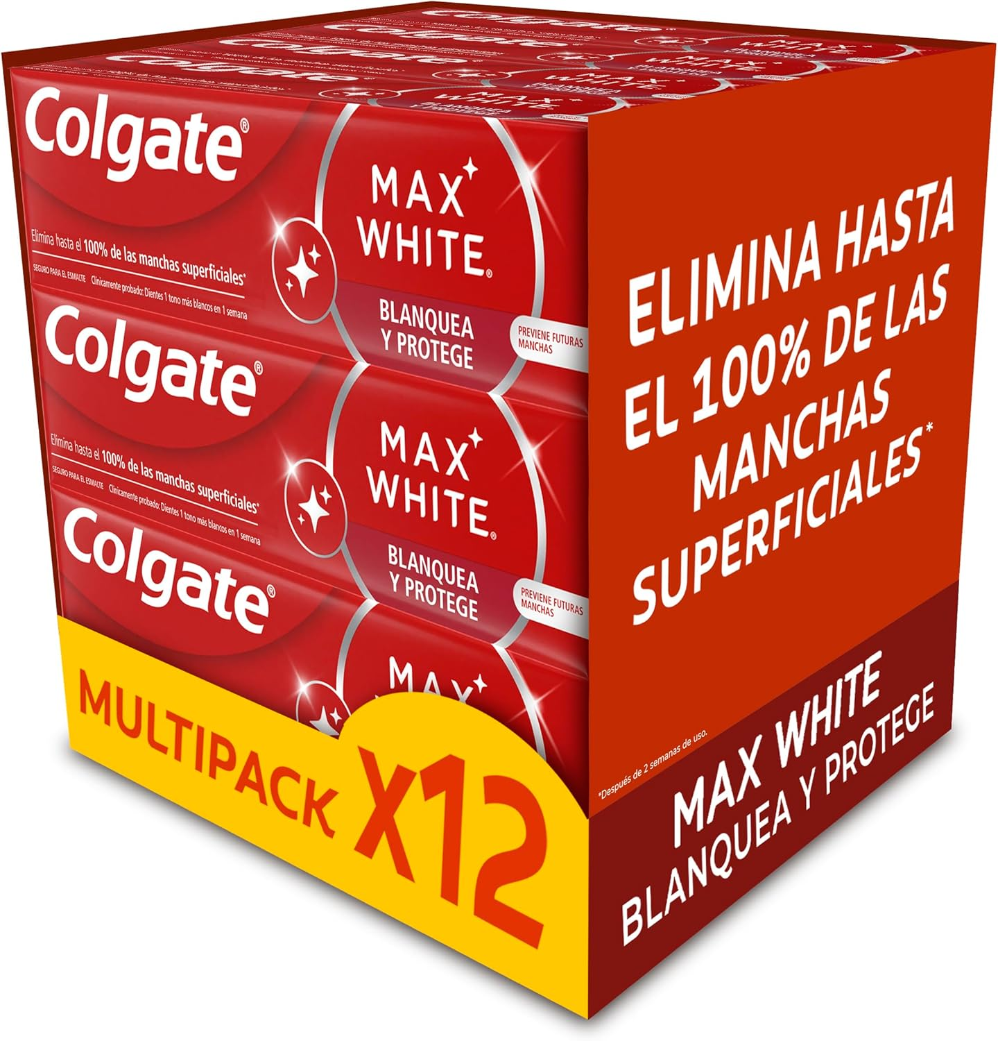 Colgate ▫️ Max White Pasta de dentes branqueadora branqueia e protege 12x75ml, remove até 100% das manchas superficiais, dentes 1 tom mais brancos, esmalte seguro para uso diário